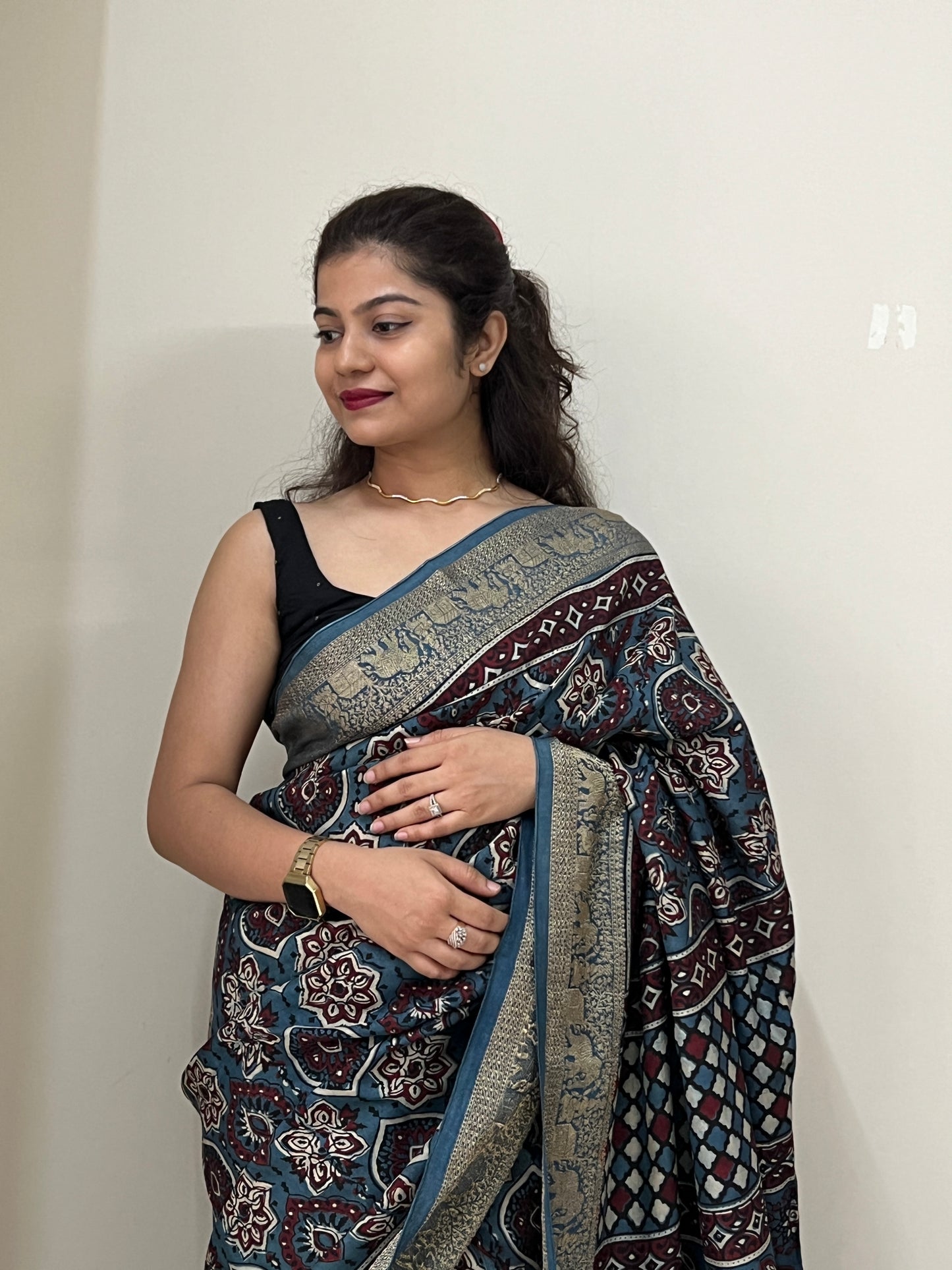 Indigo ajrakh dola silk zari border saree