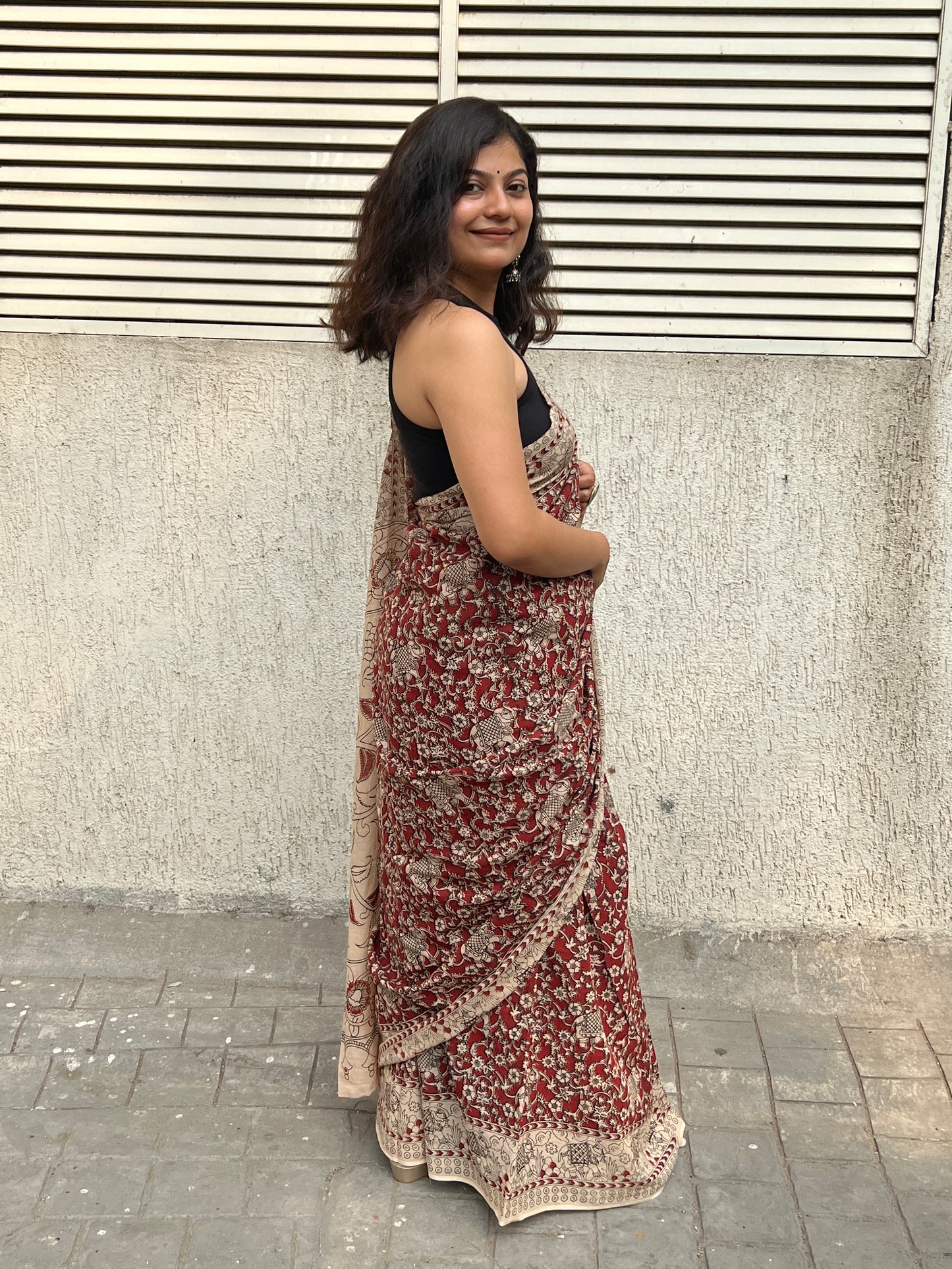 Maroon kalamkari mul cotton saree