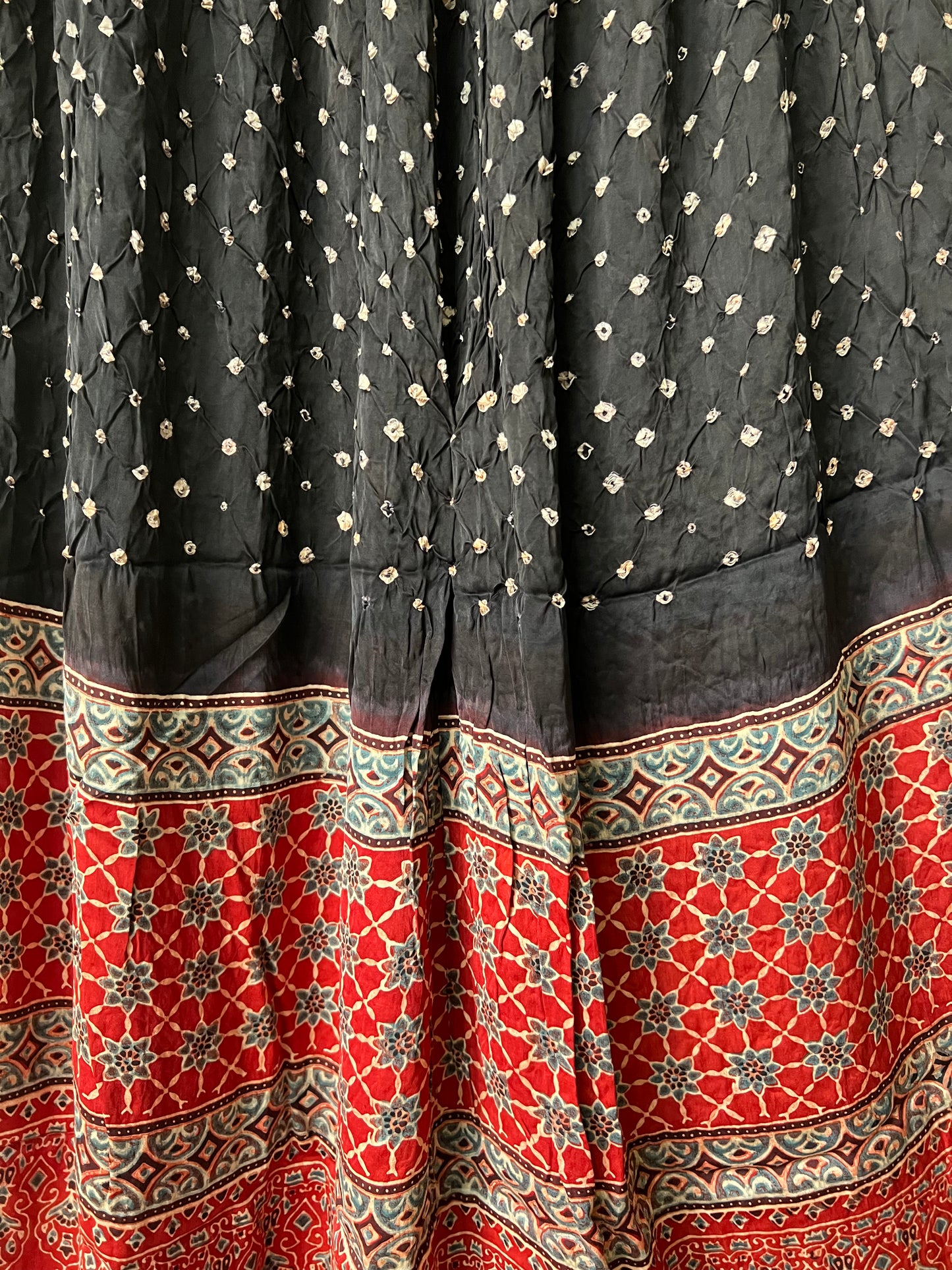 Black bandhani with red ajrakh silk dupatta