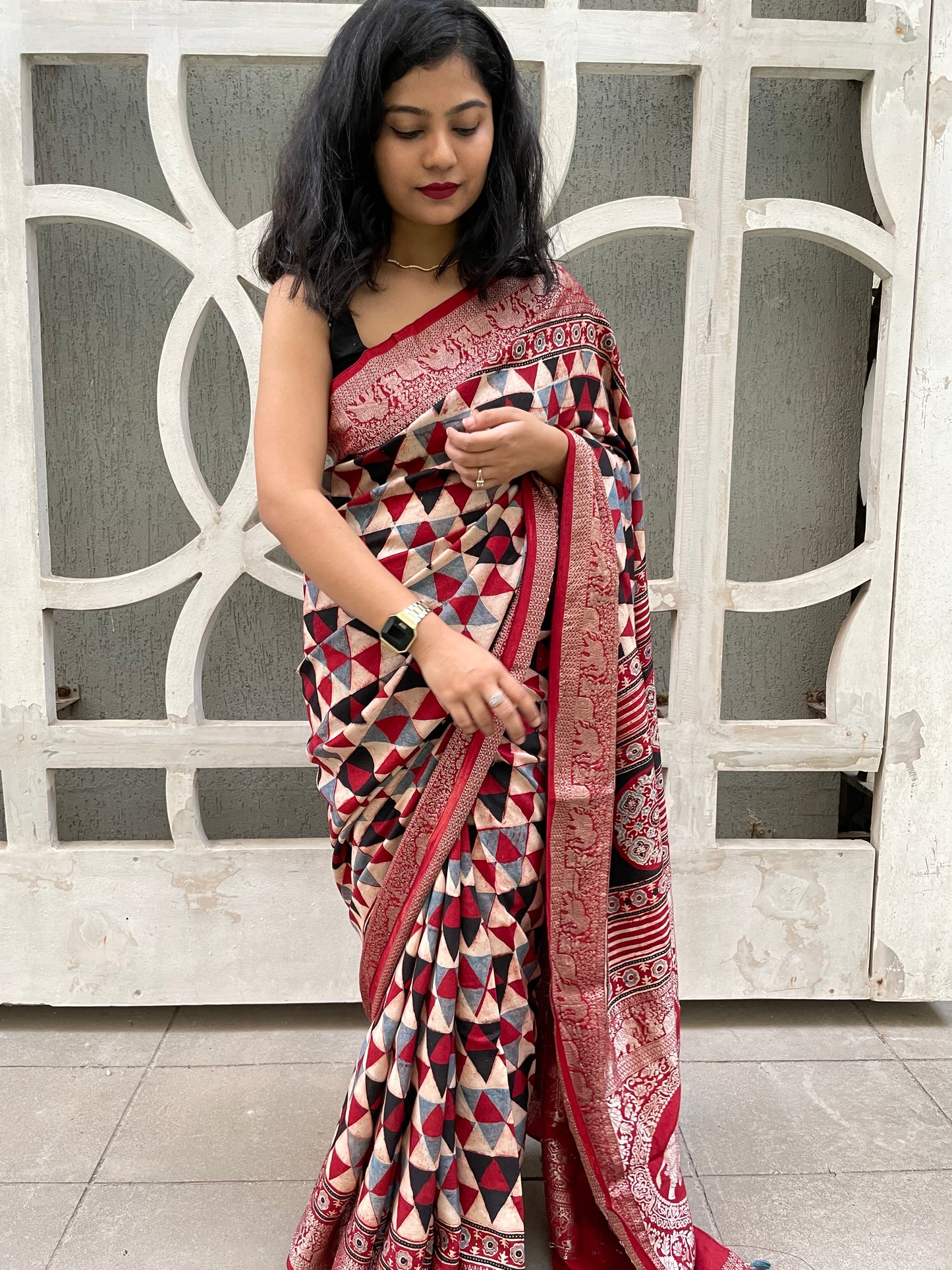 Maroon ajrakh dola silk zari border saree