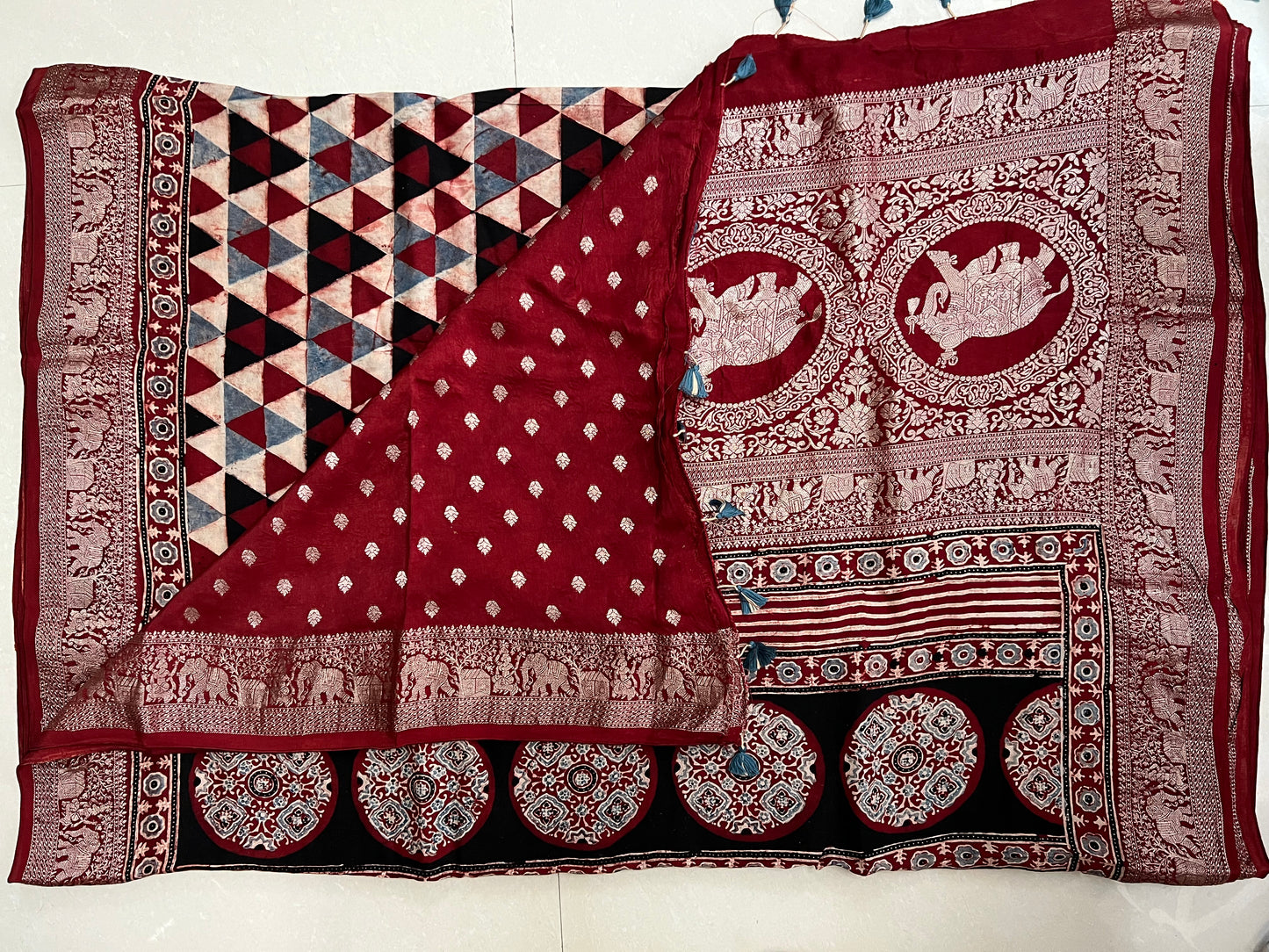 Maroon ajrakh dola silk zari border saree