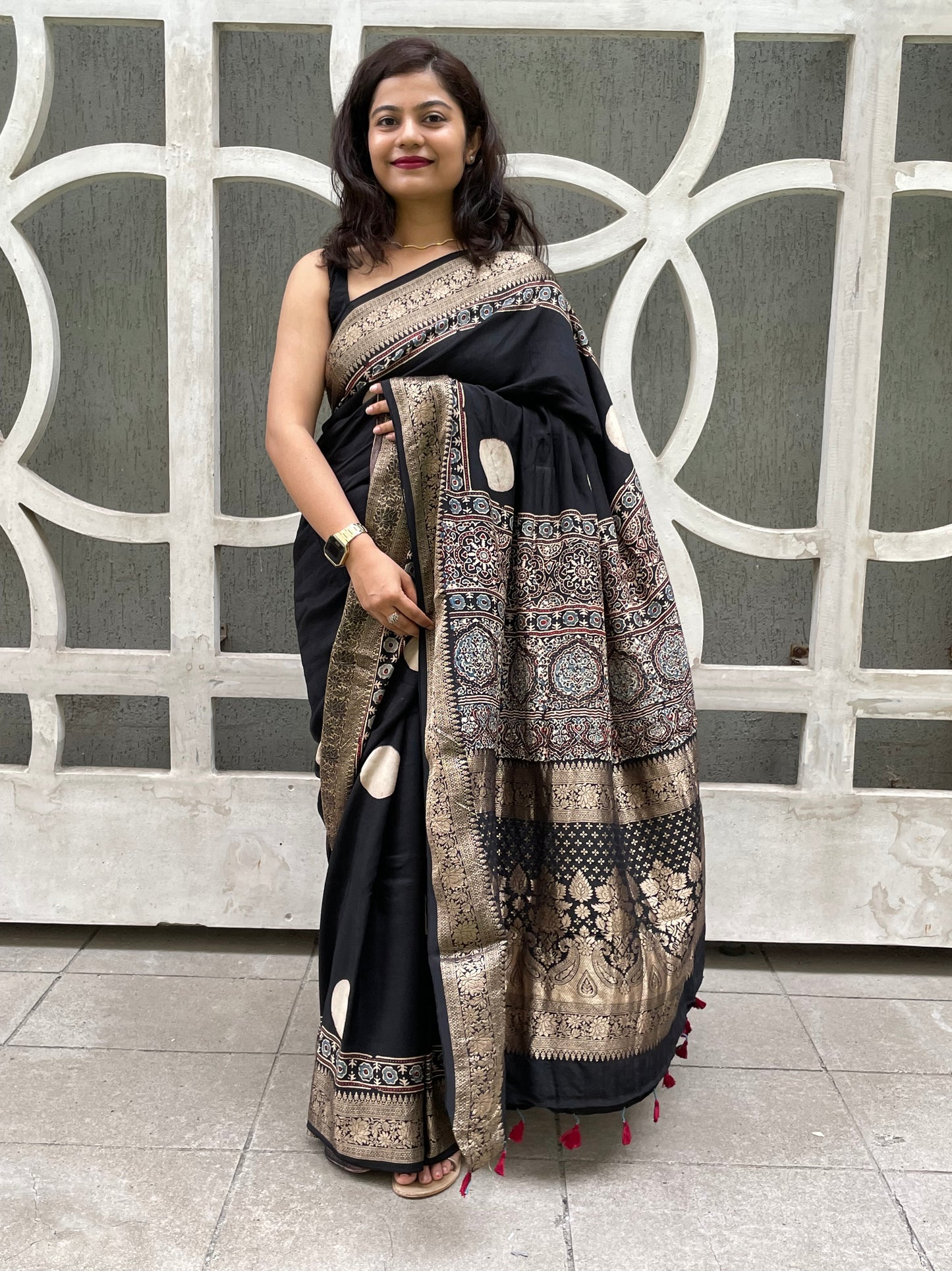 Black polka dot ajrakh dola silk saree