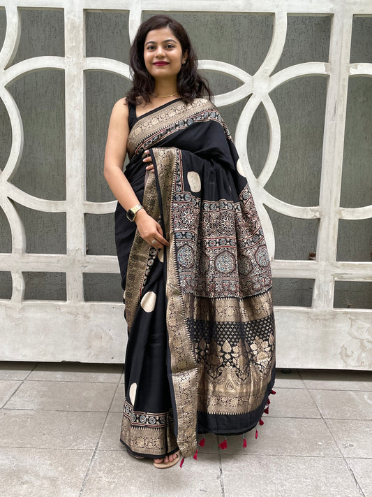 Black polka dot ajrakh dola silk saree