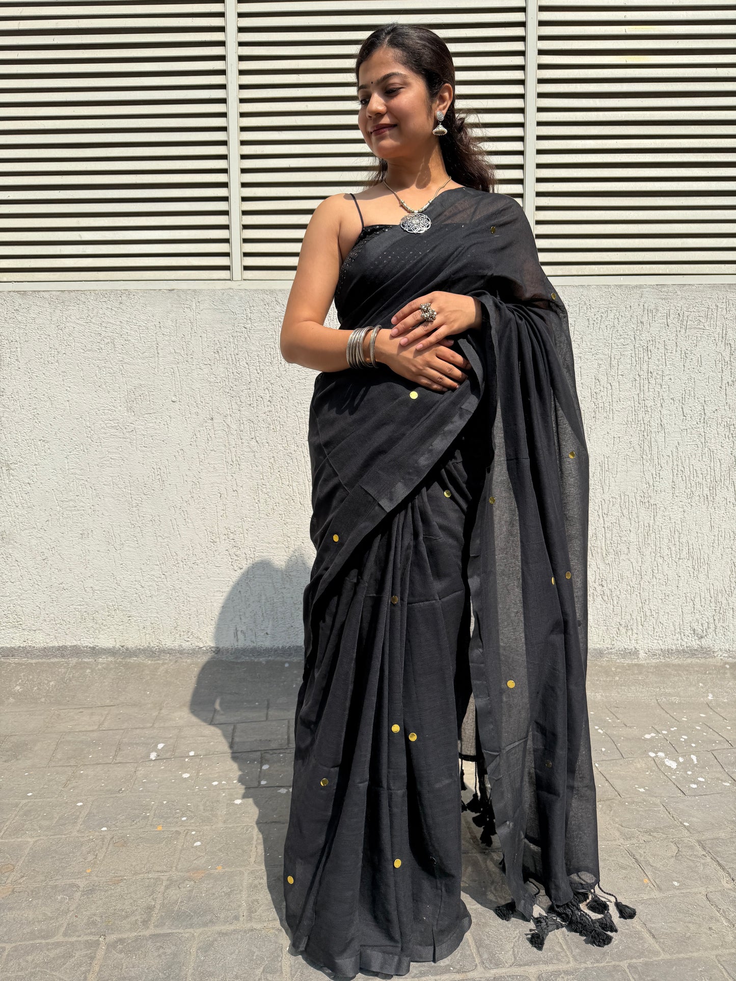 Black khadi cotton chumki saree
