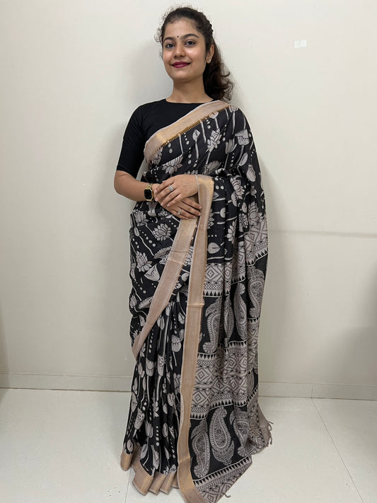 Black lotus kalamkari chennur silk saree