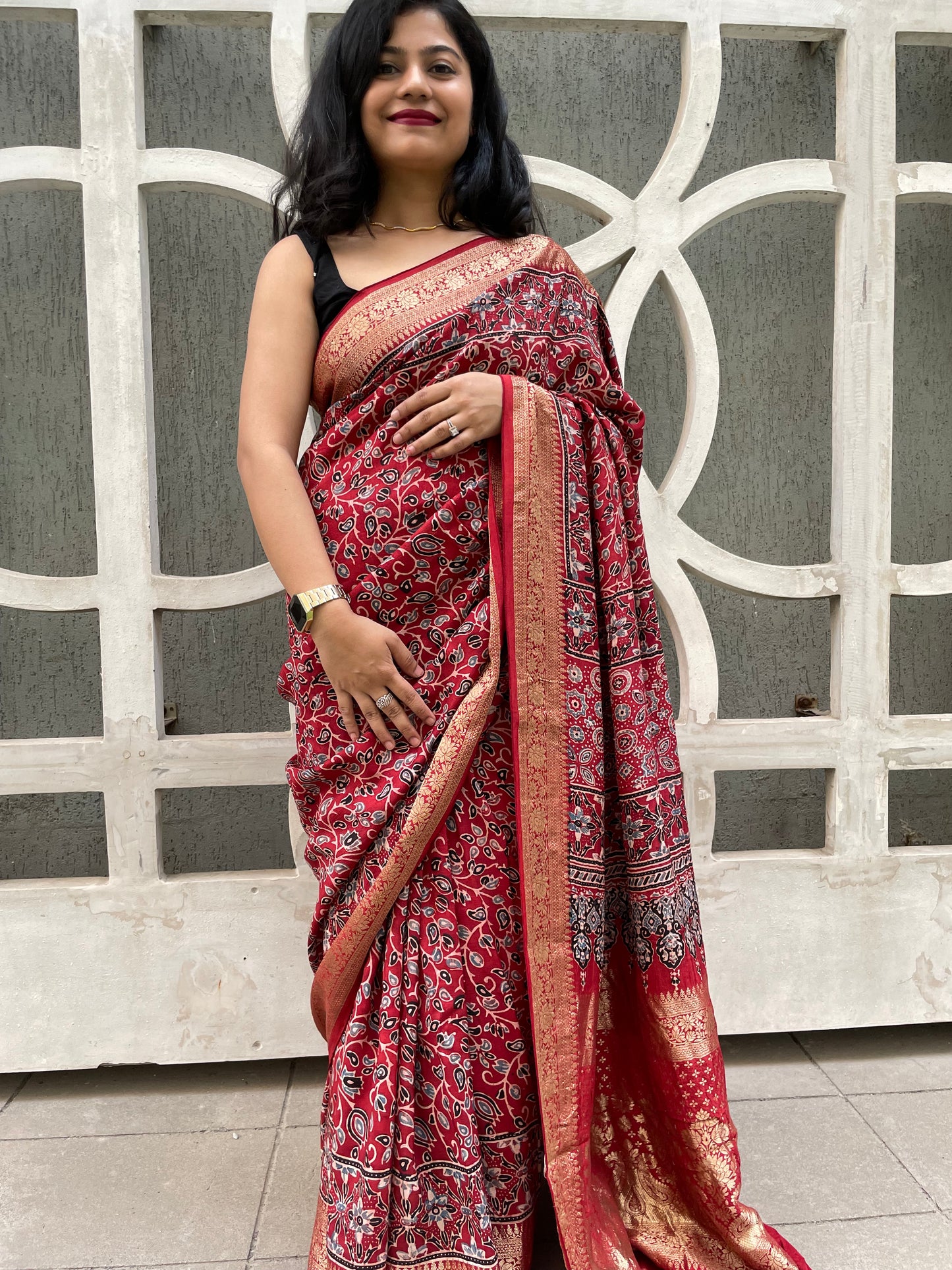 Red ajrakh dola silk zari border saree