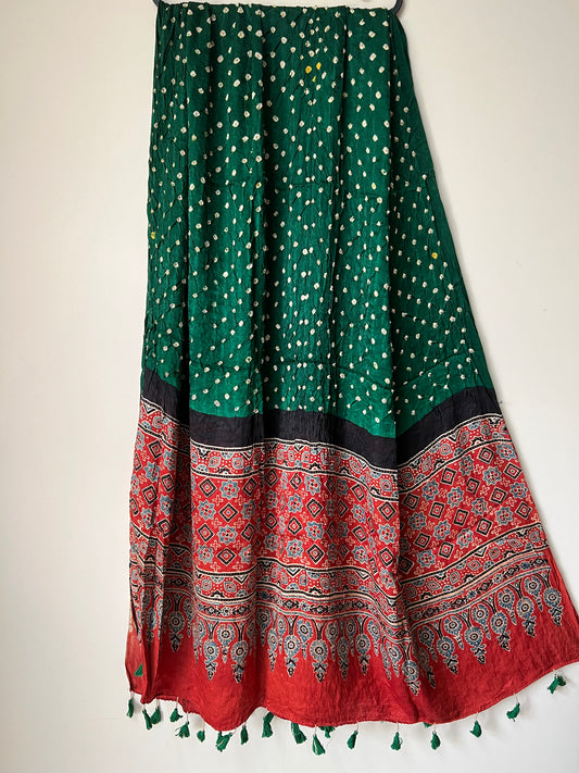 Green bandhani with red ajrakh silk dupatta