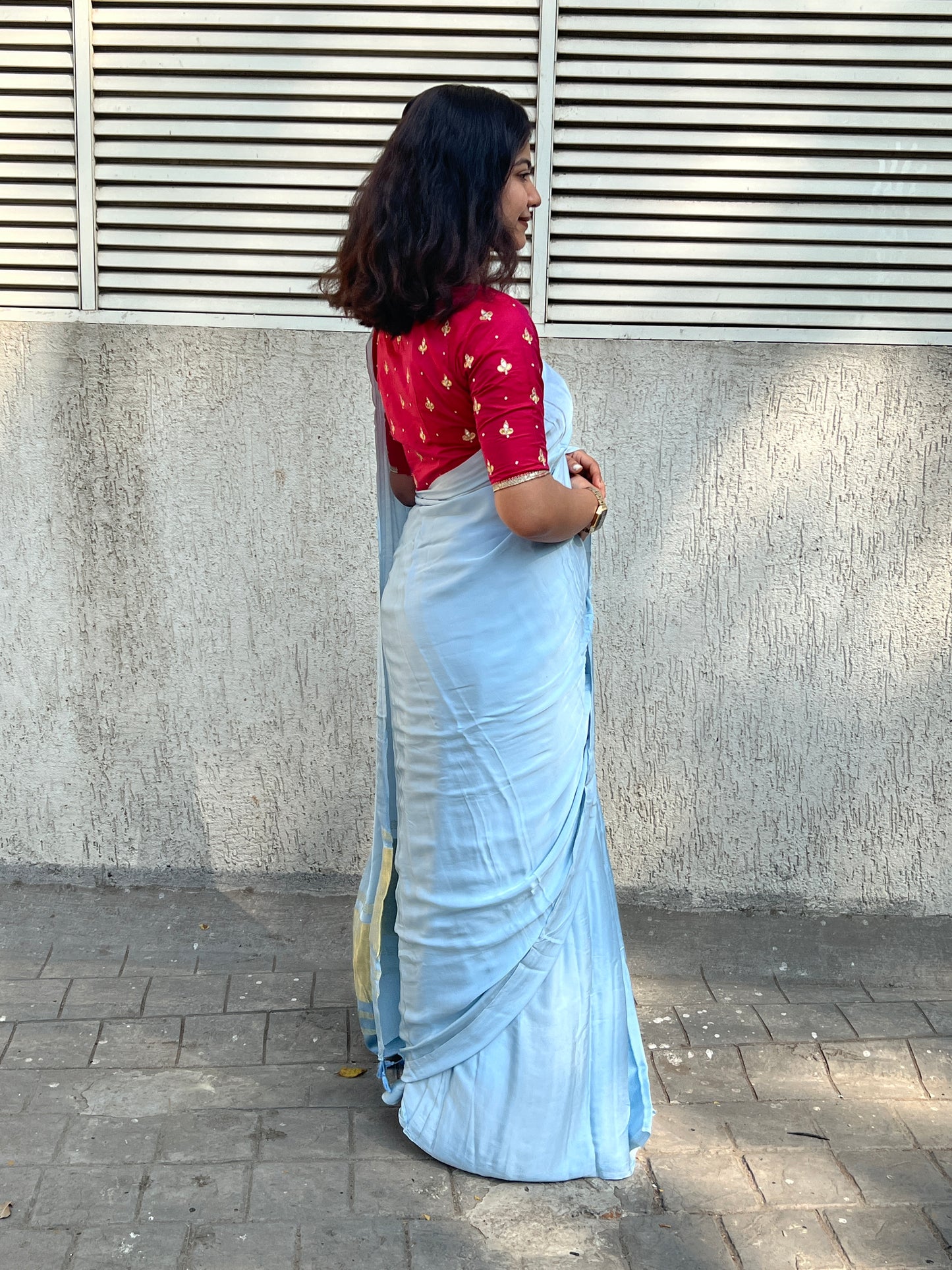 Sky plain modal silk saree with tissue border