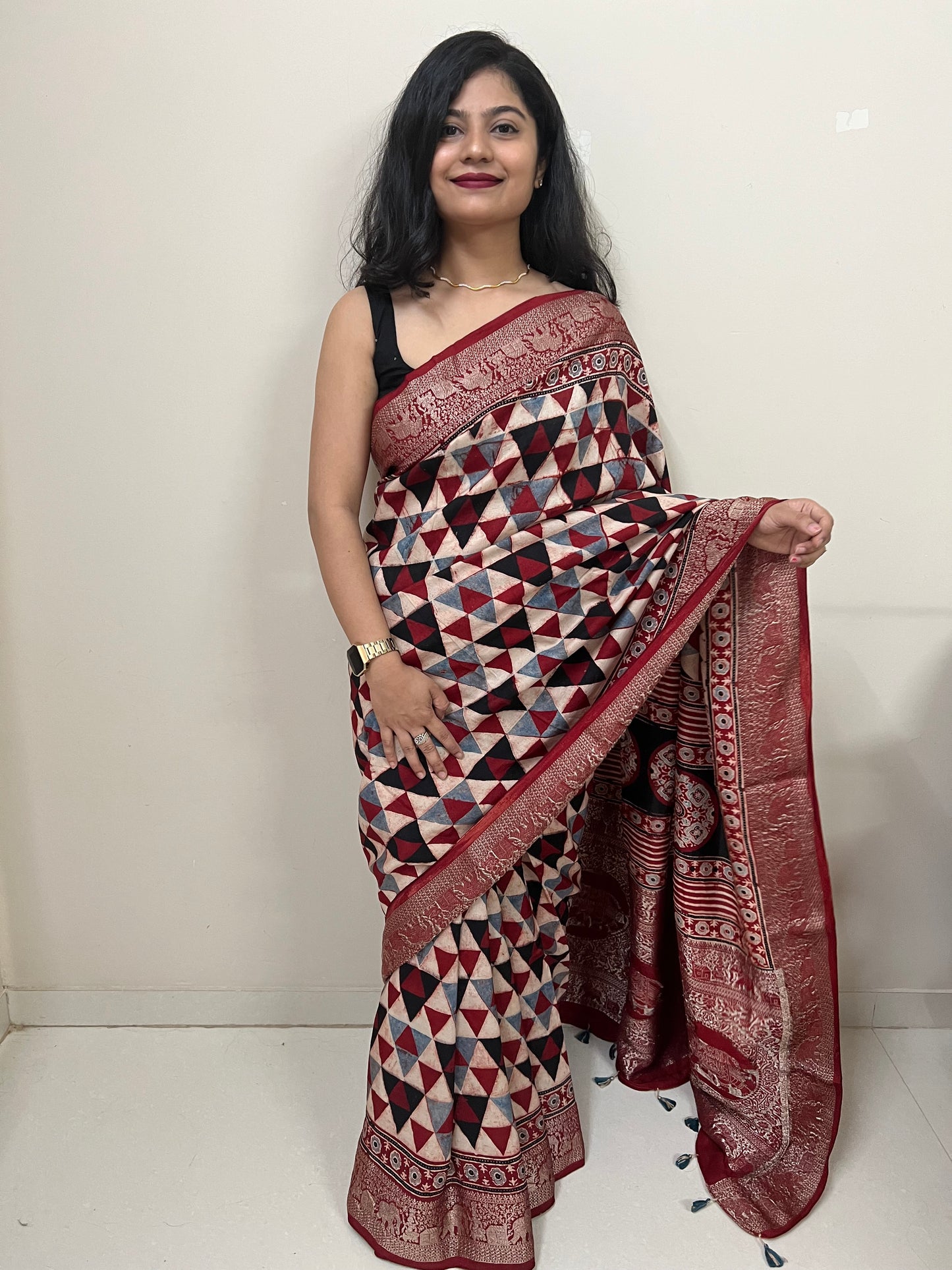 Maroon ajrakh dola silk zari border saree
