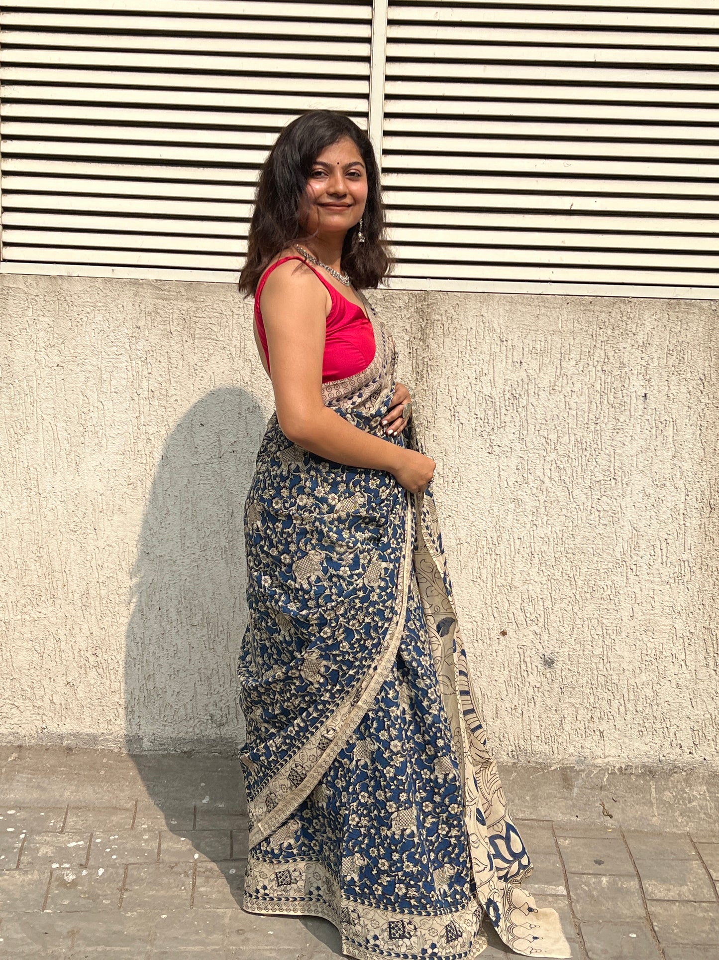 Blue kalamkari mul cotton saree