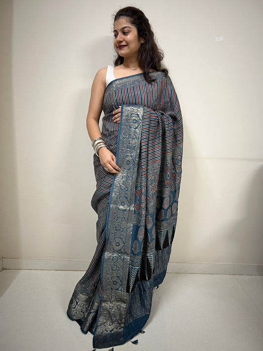 Ajrakh dola silk saree