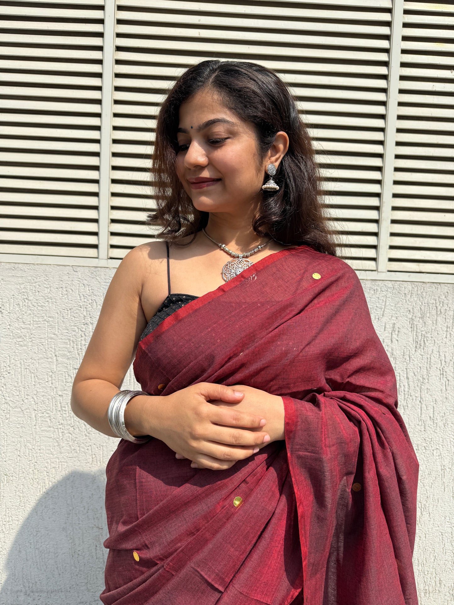 Maroon khadi cotton chumki saree