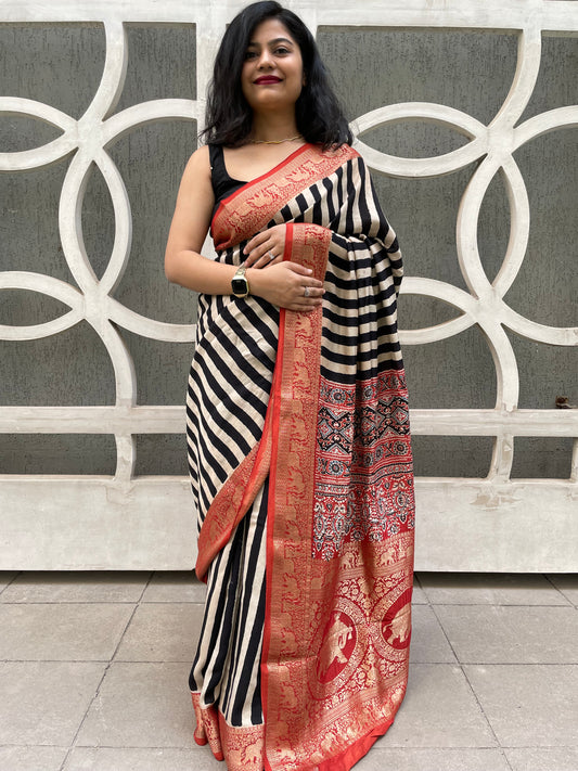 Ajrakh dola silk zari border saree