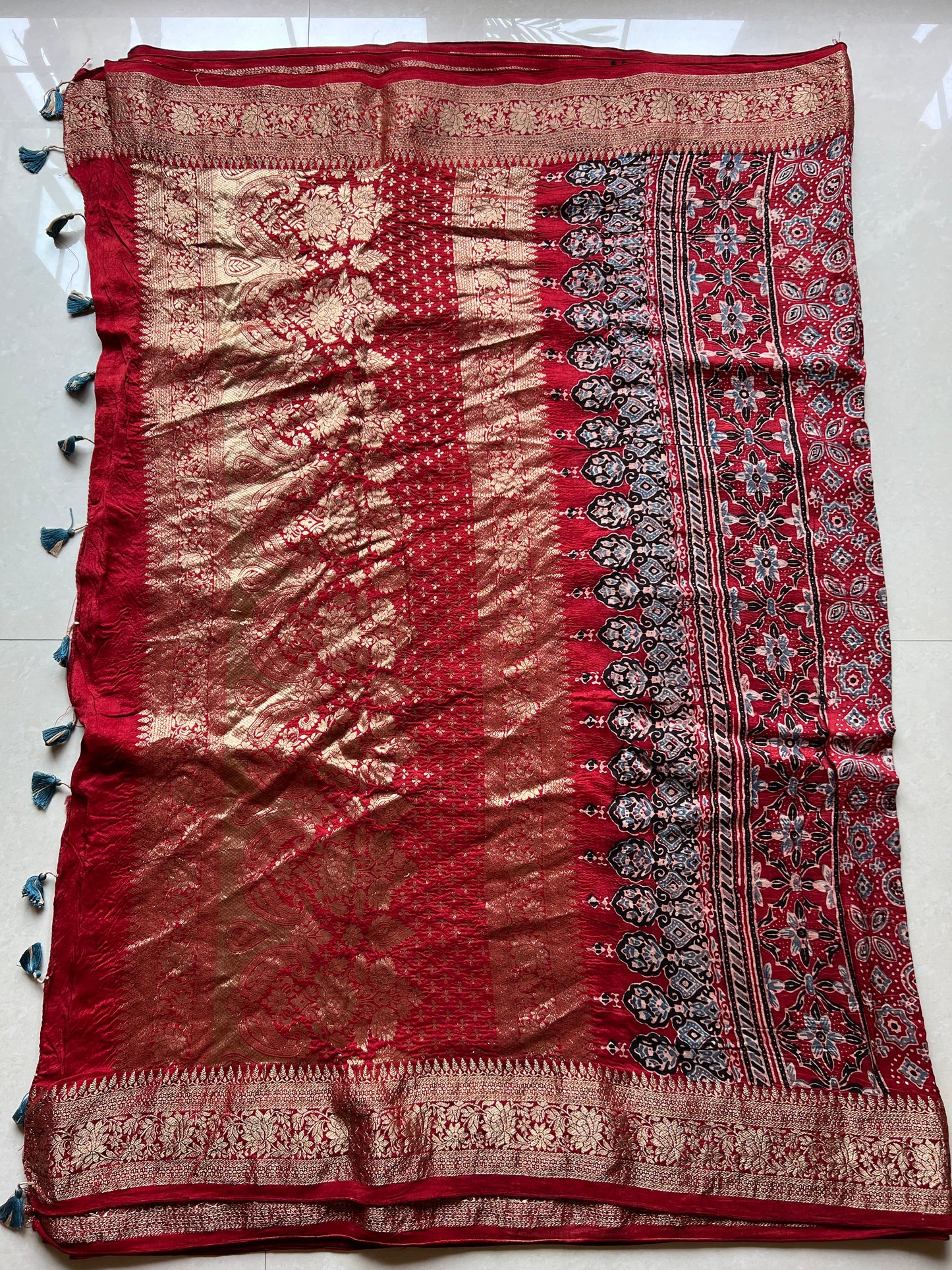 Red ajrakh dola silk zari border saree