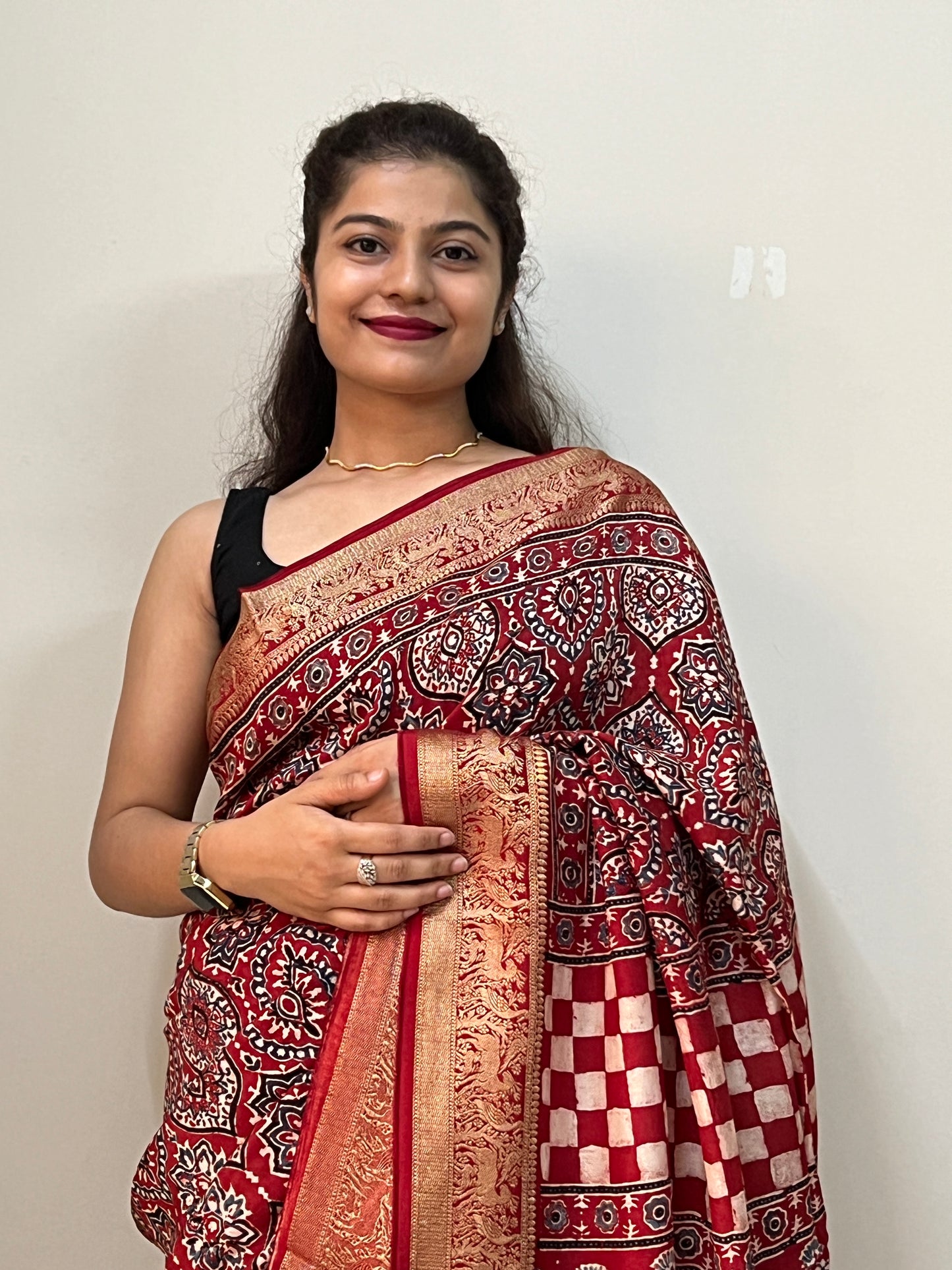 Maroon red ajrakh dola silk zari border saree