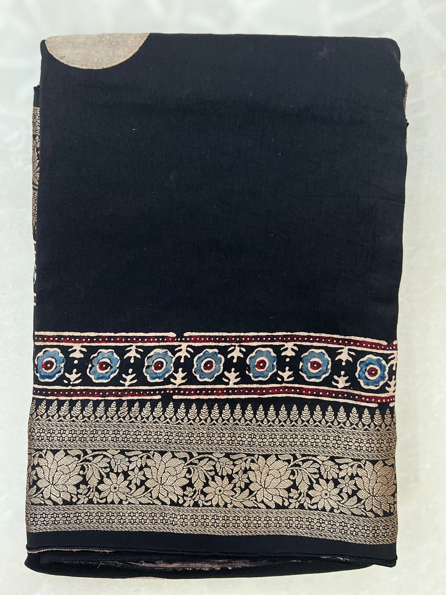 Black polka dot ajrakh dola silk saree