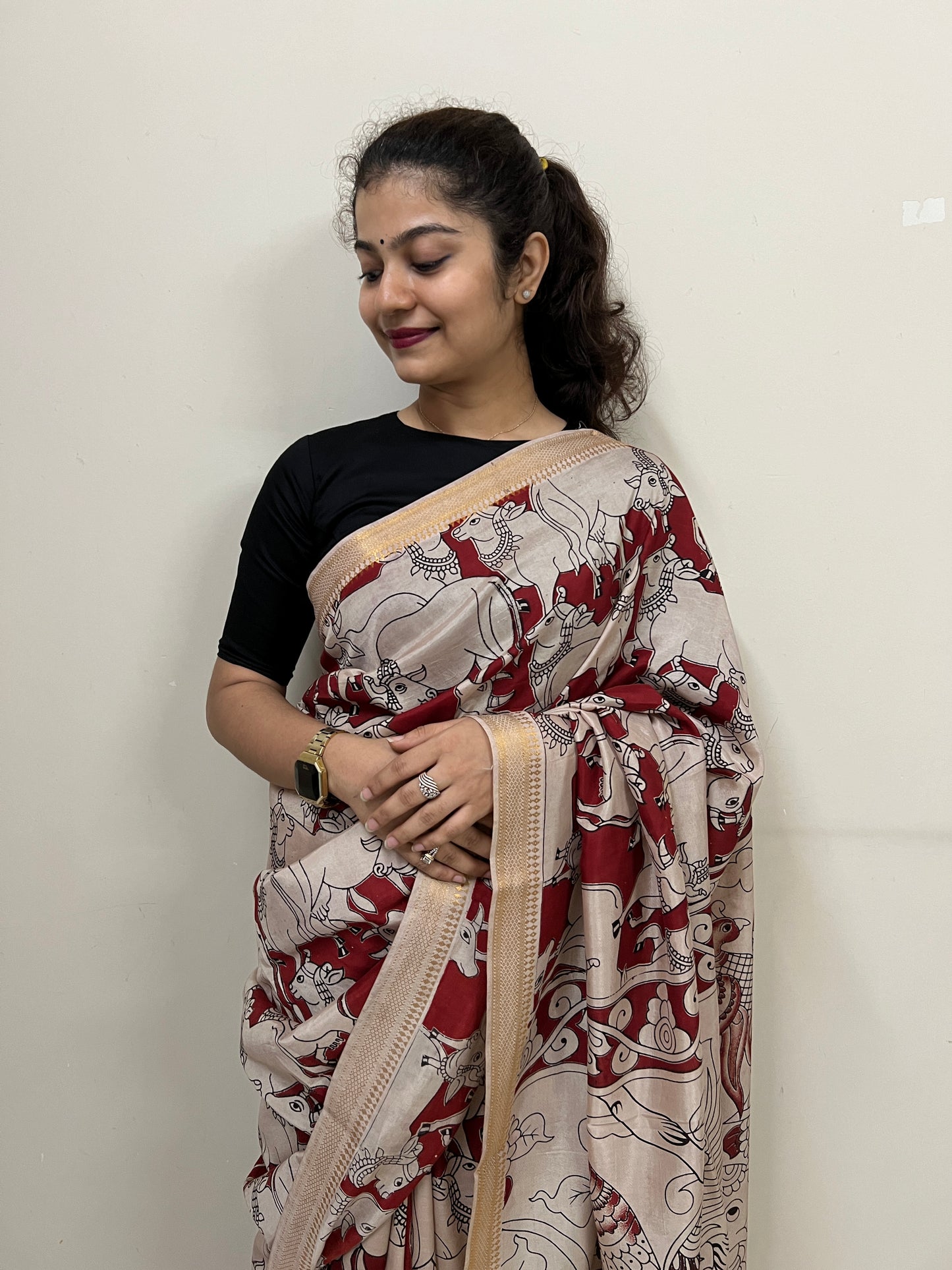 Maroon cow kalamkari chennur silk saree