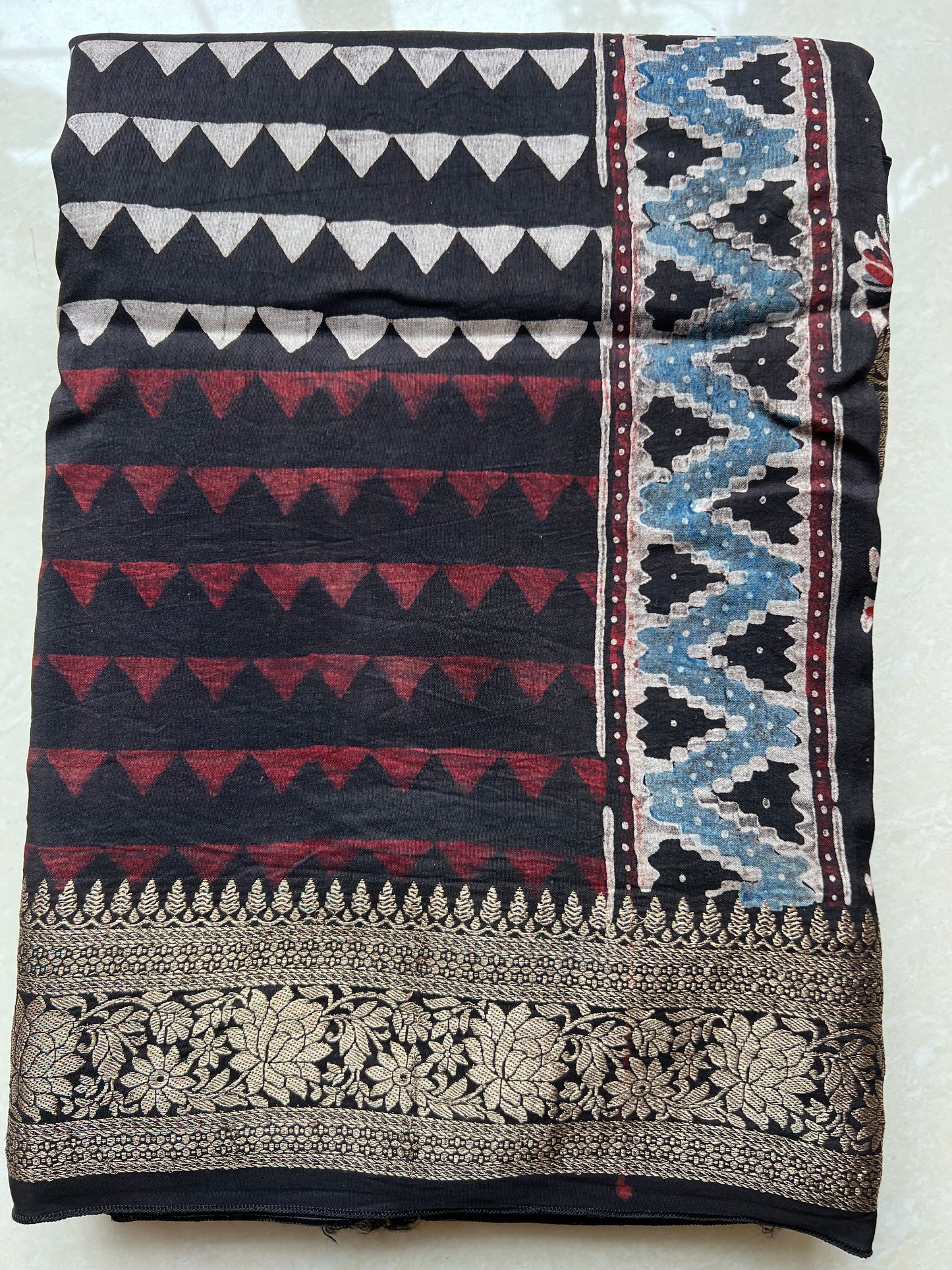 Black ajrakh dola silk zari border saree