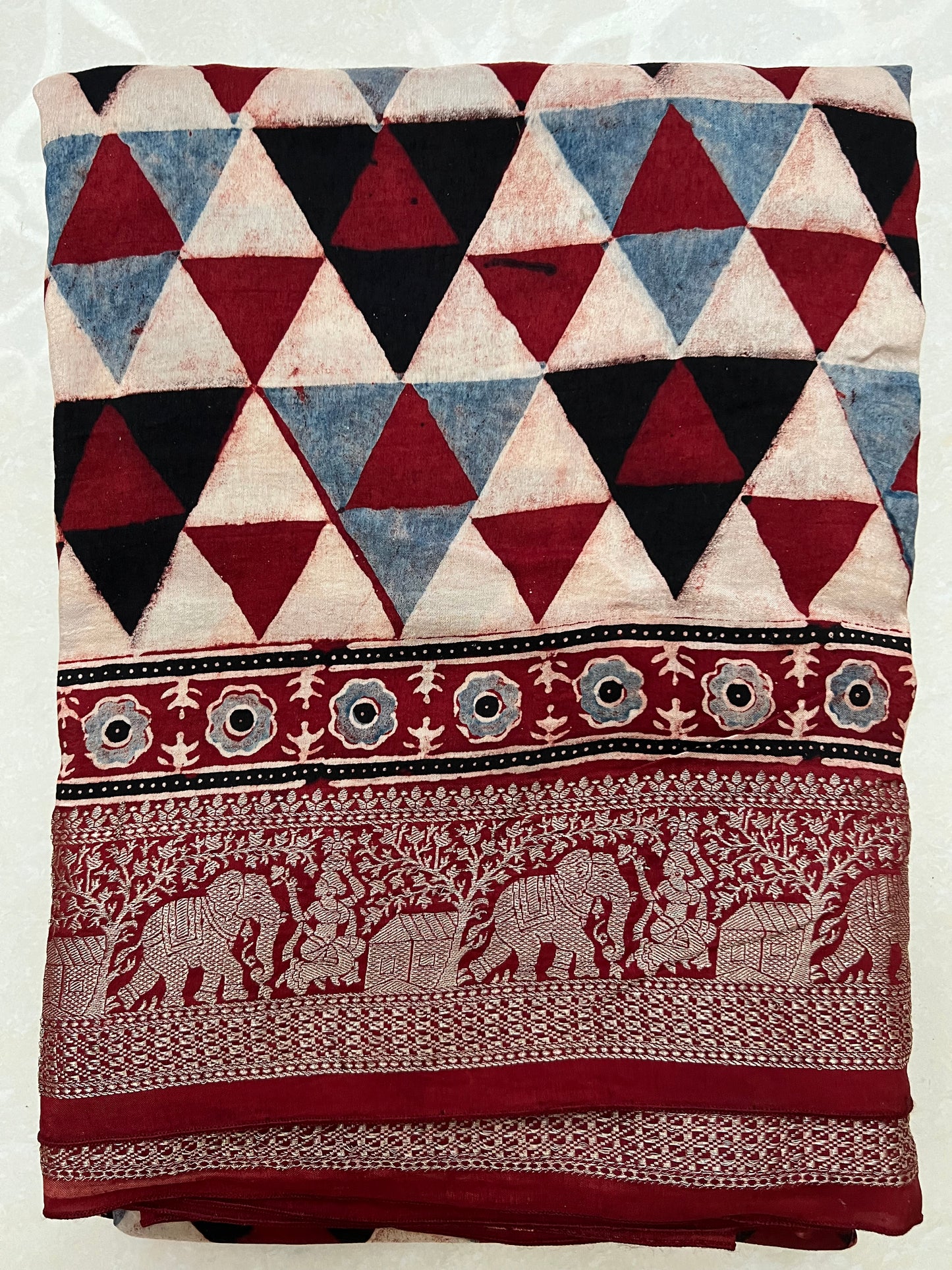 Maroon ajrakh dola silk zari border saree