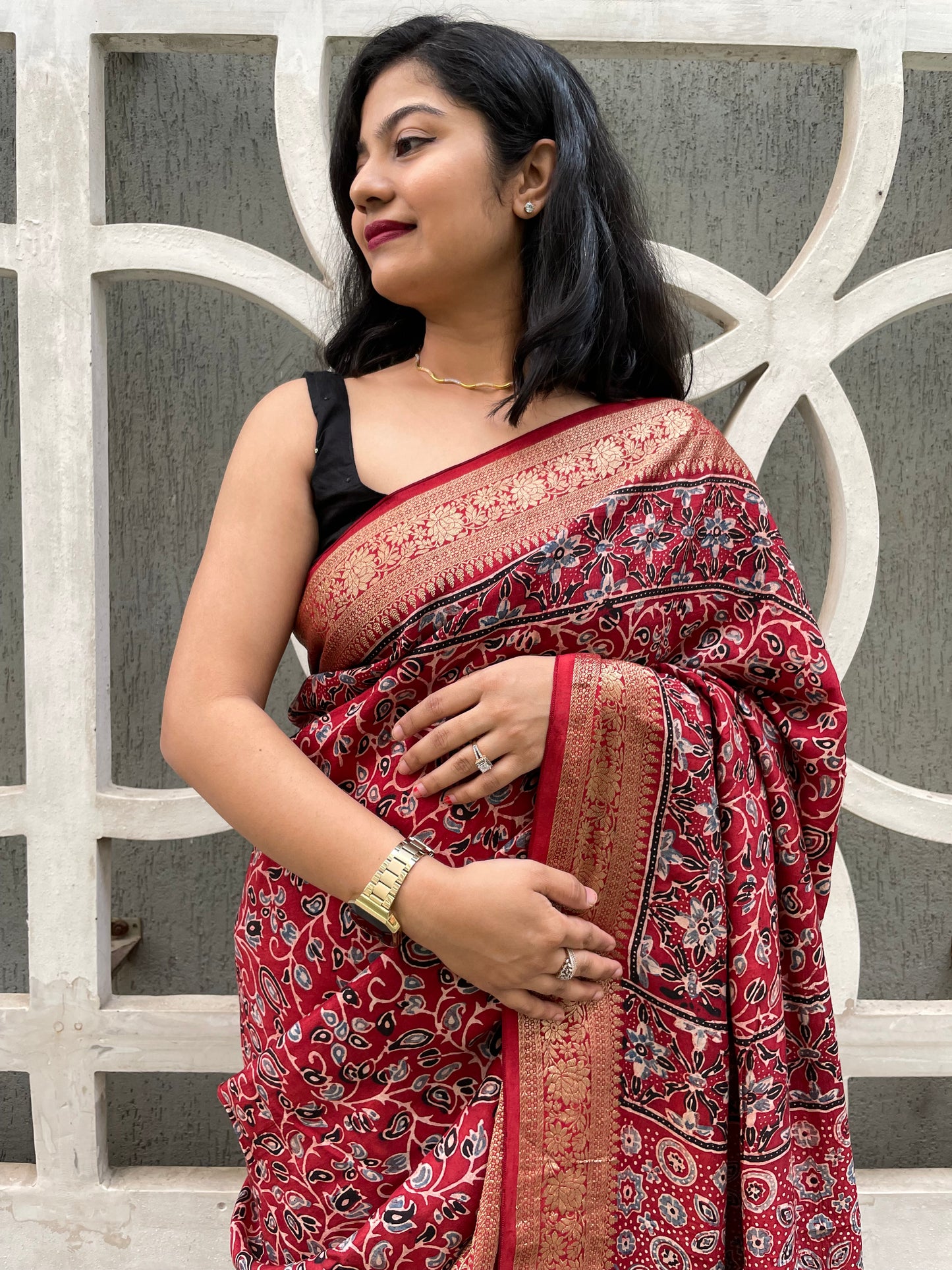 Red ajrakh dola silk zari border saree
