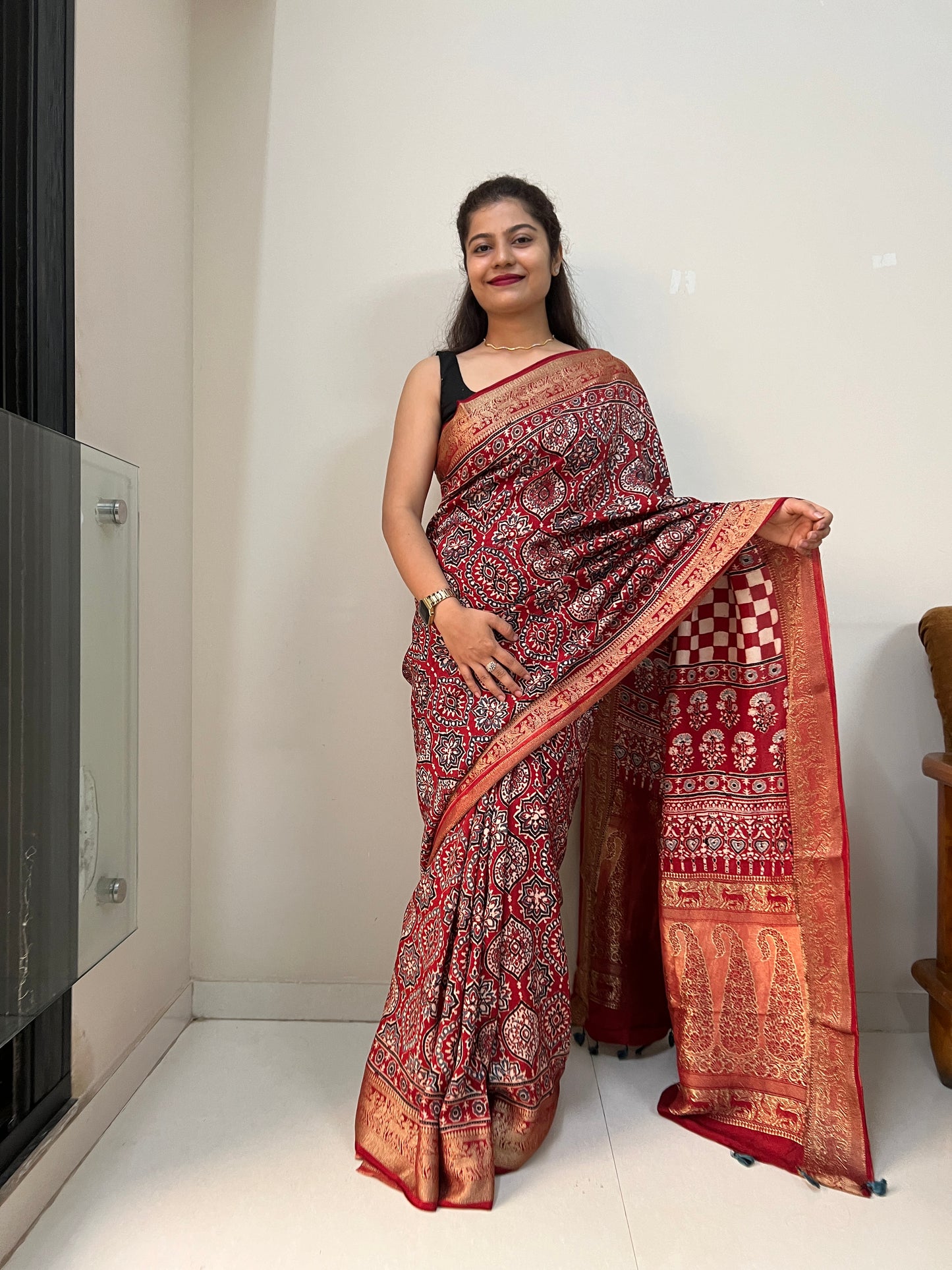 Maroon red ajrakh dola silk zari border saree
