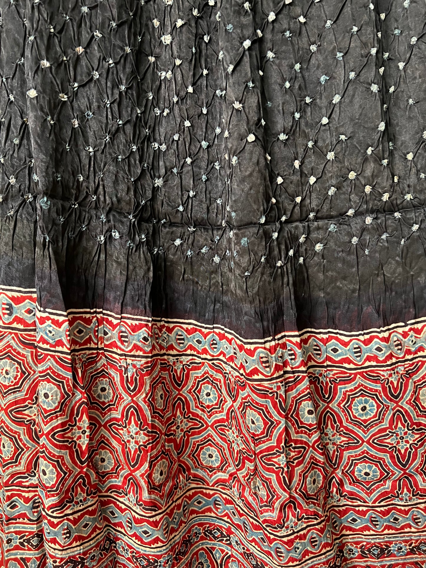 Black bandhani with red ajrakh silk dupatta
