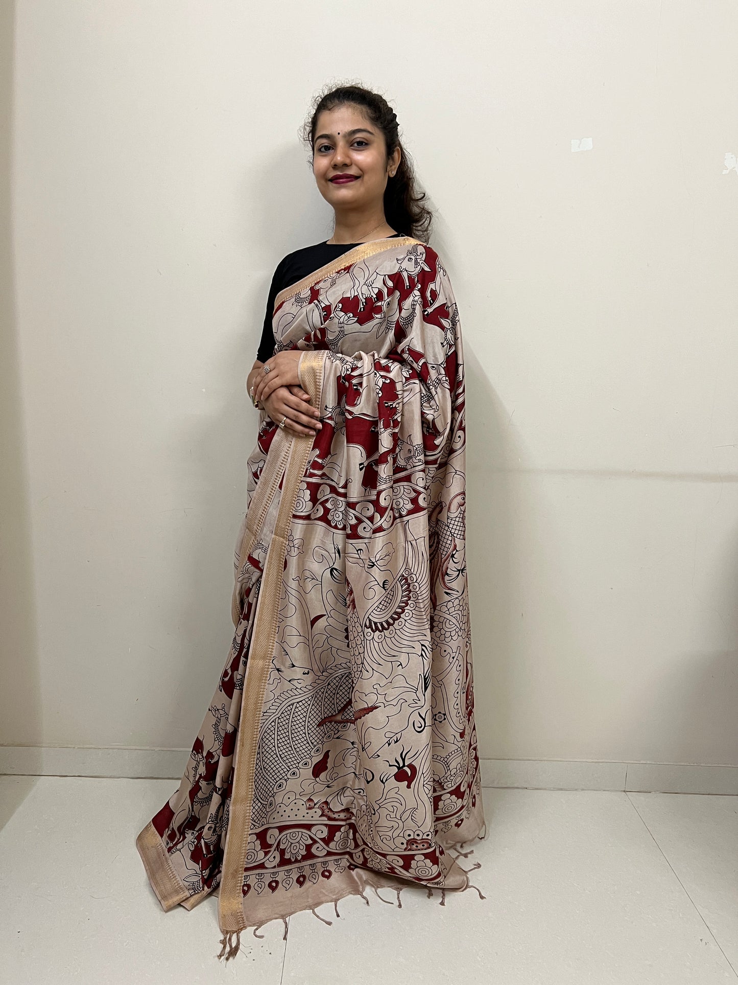 Maroon cow kalamkari chennur silk saree
