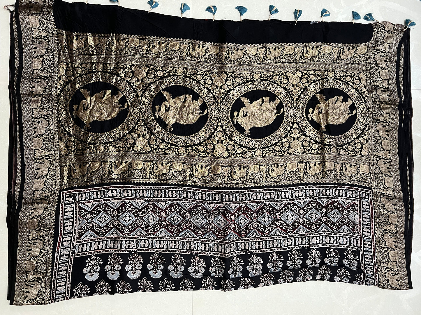 Black ajrakh dola silk zari border saree