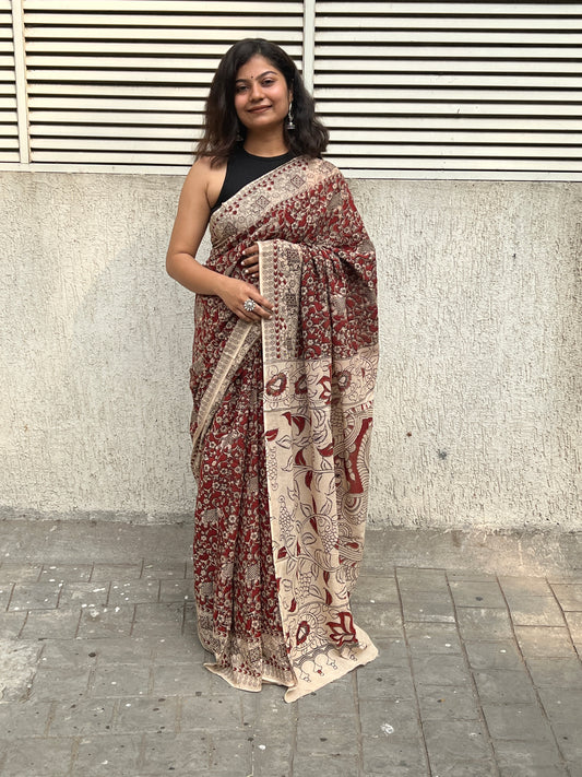 Maroon kalamkari mul cotton saree