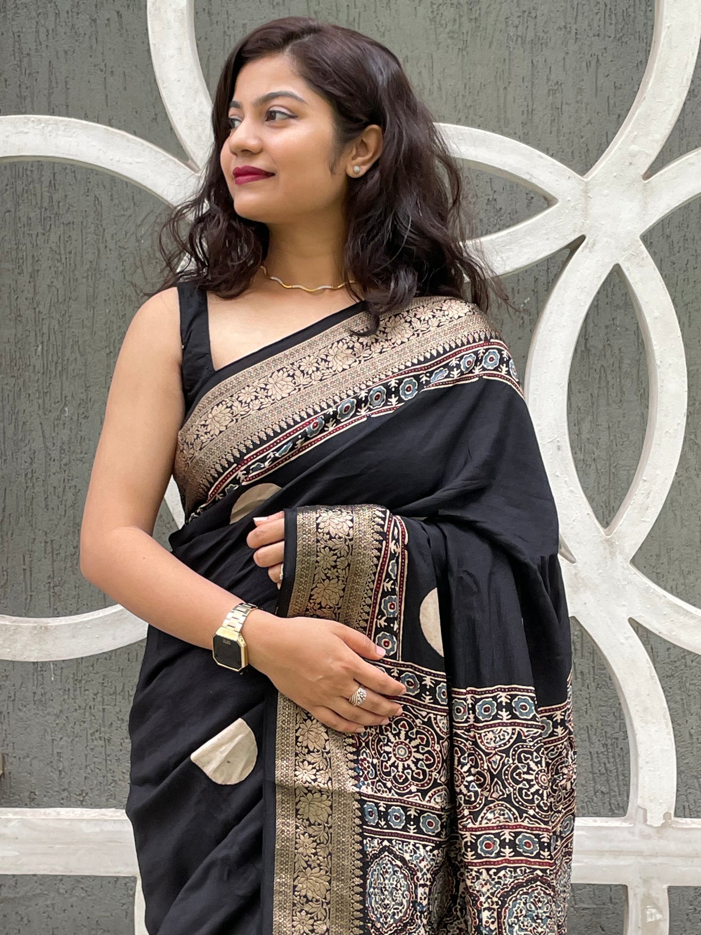 Black polka dot ajrakh dola silk saree