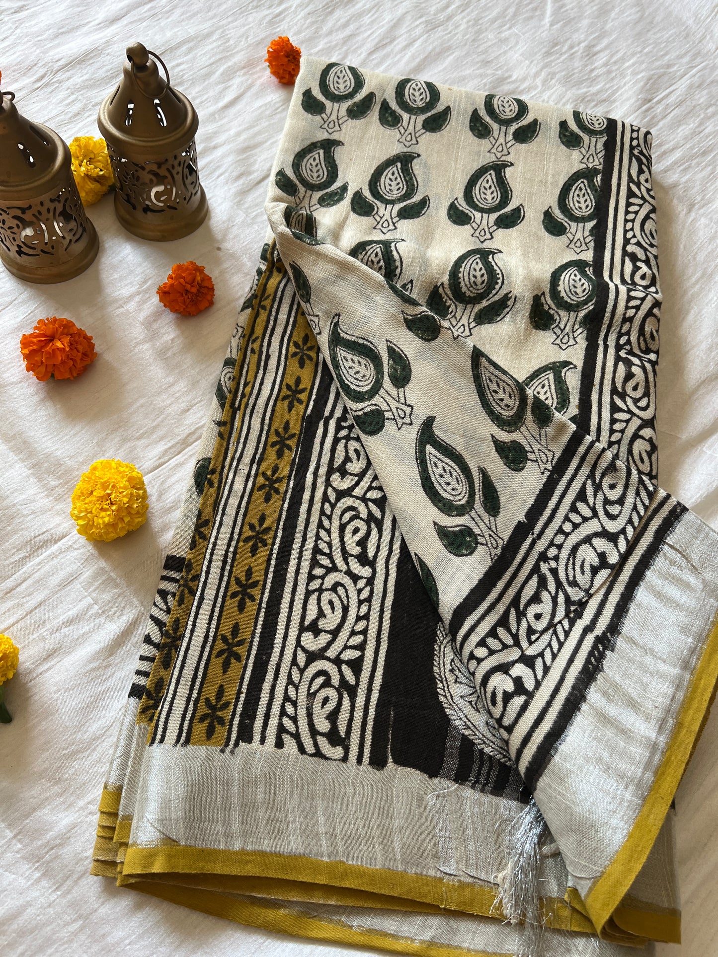 Handblock Linen Cotton Saree