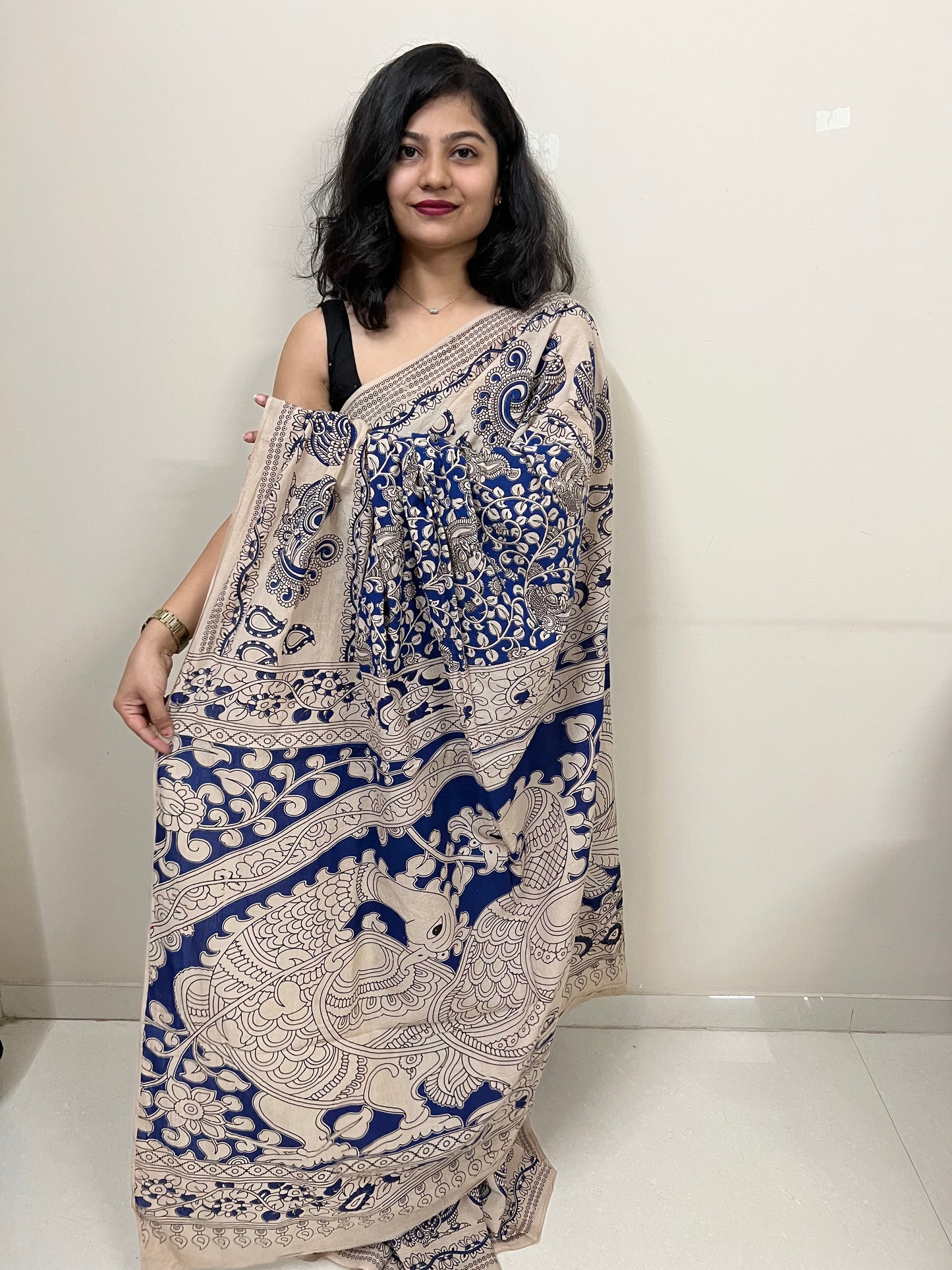 Blue kalamkari mul cotton saree