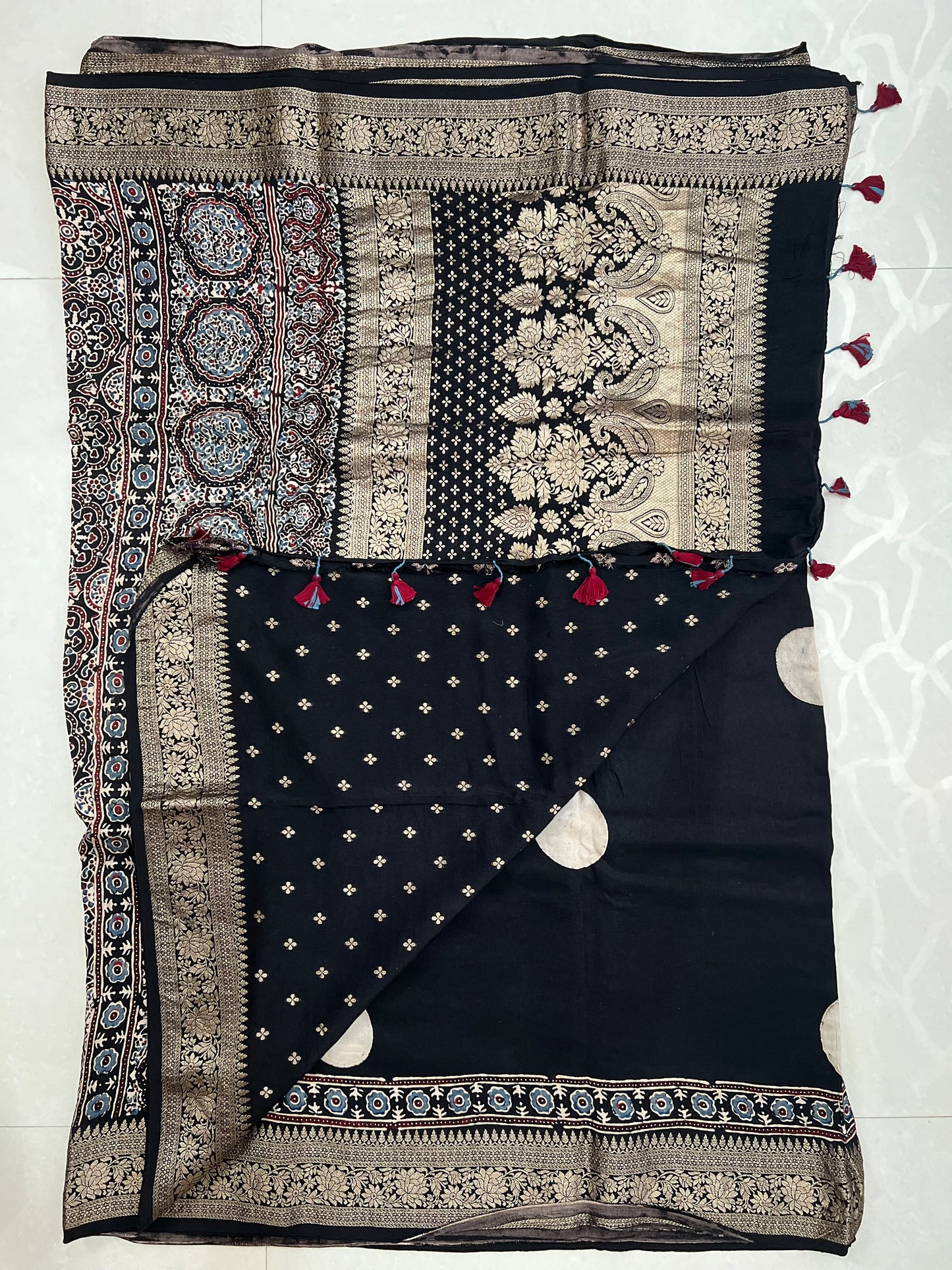 Black polka dot ajrakh dola silk saree