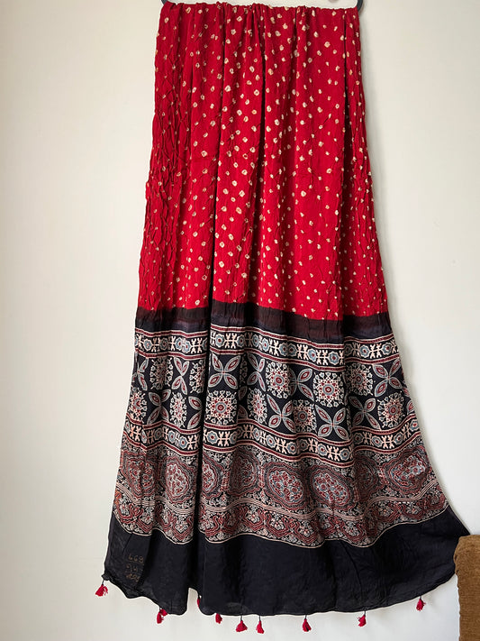 Red bandhani with black ajrakh silk dupatta