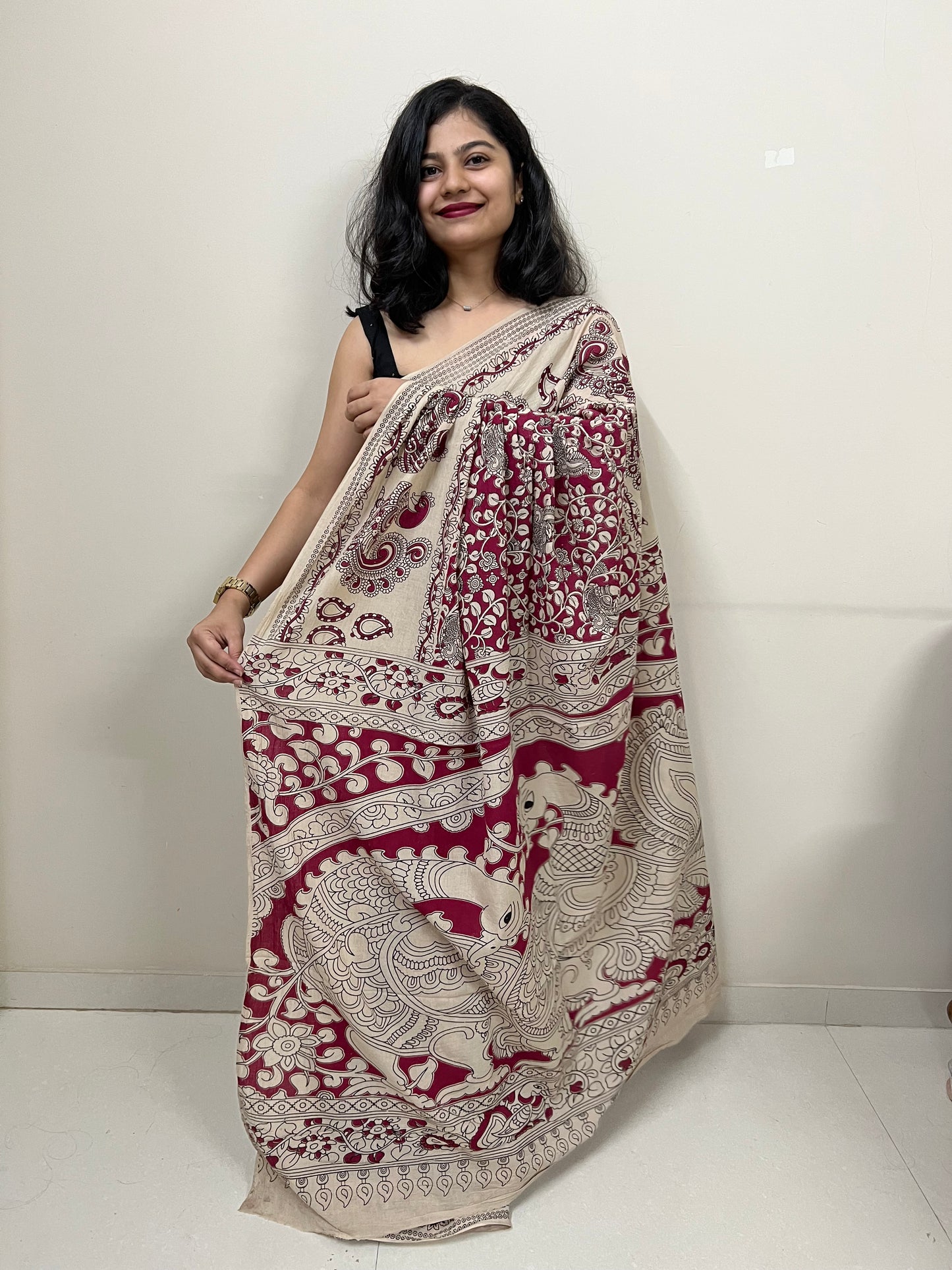 Pink kalamkari mul cotton saree