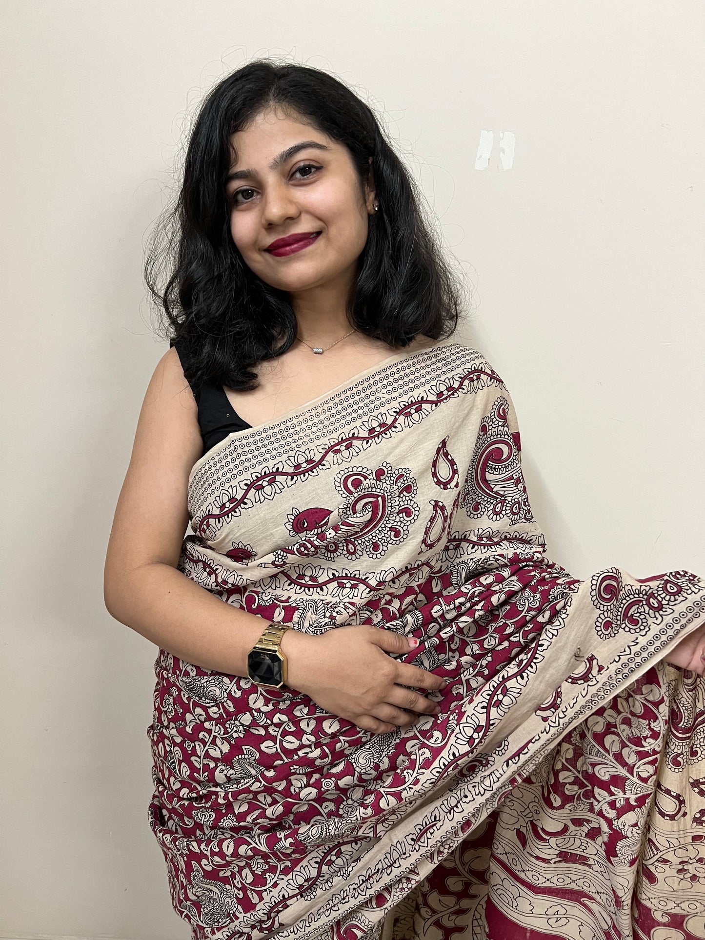 Pink kalamkari mul cotton saree