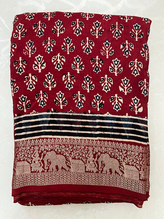 Maroon red dola silk handcrafted ajrakh saree