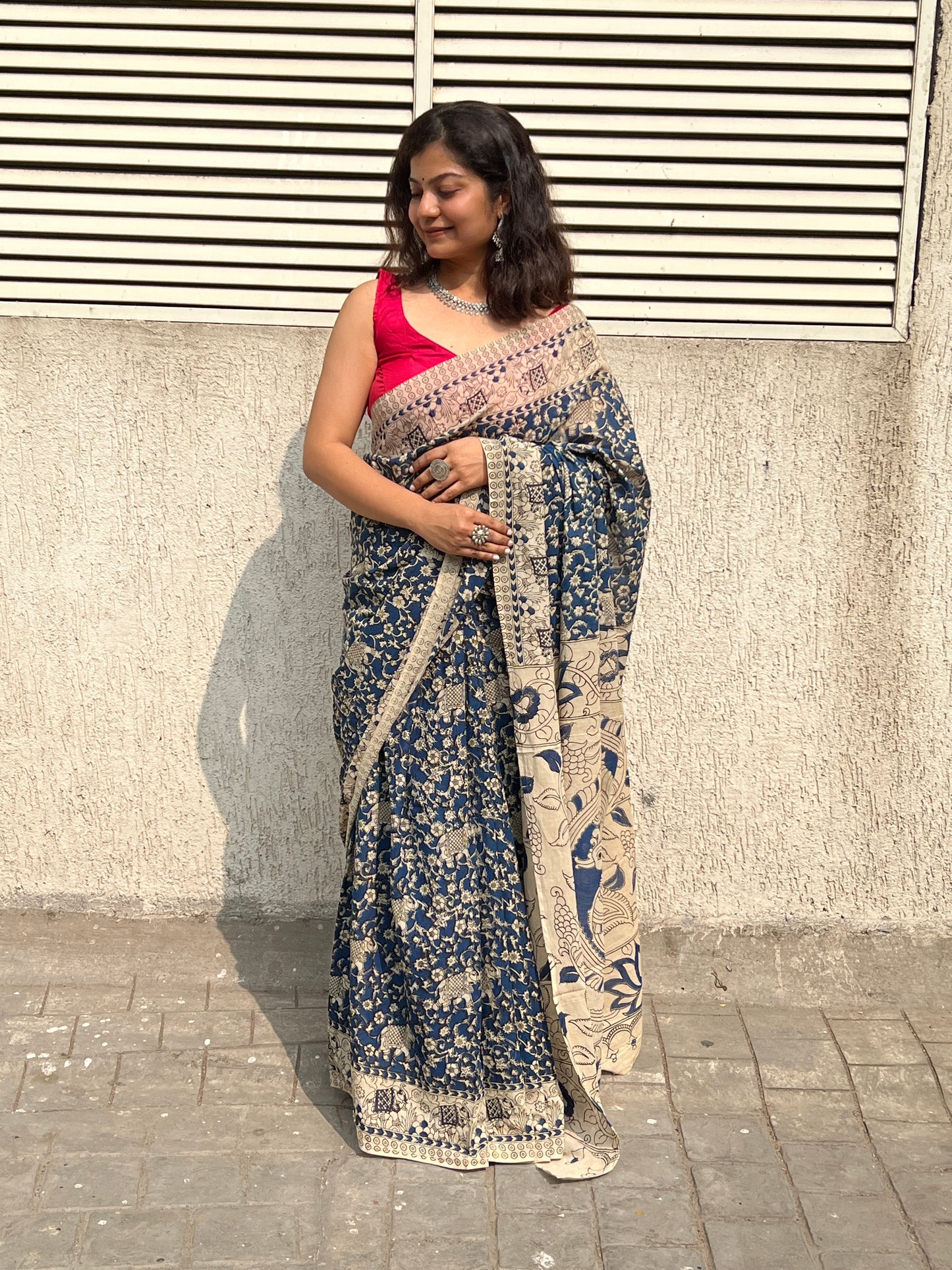 Blue kalamkari mul cotton saree
