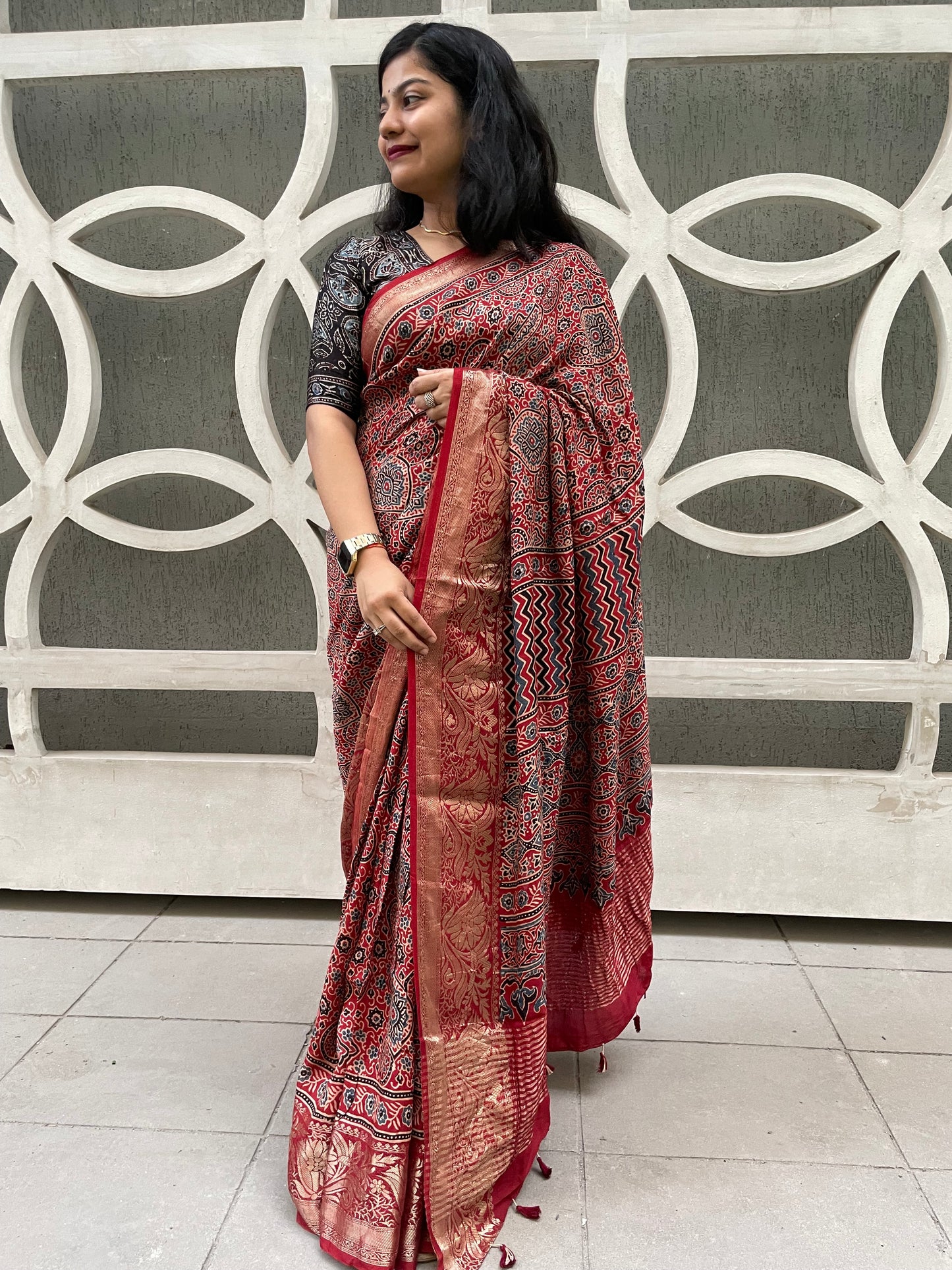 Ajrakh dola silk zari border saree