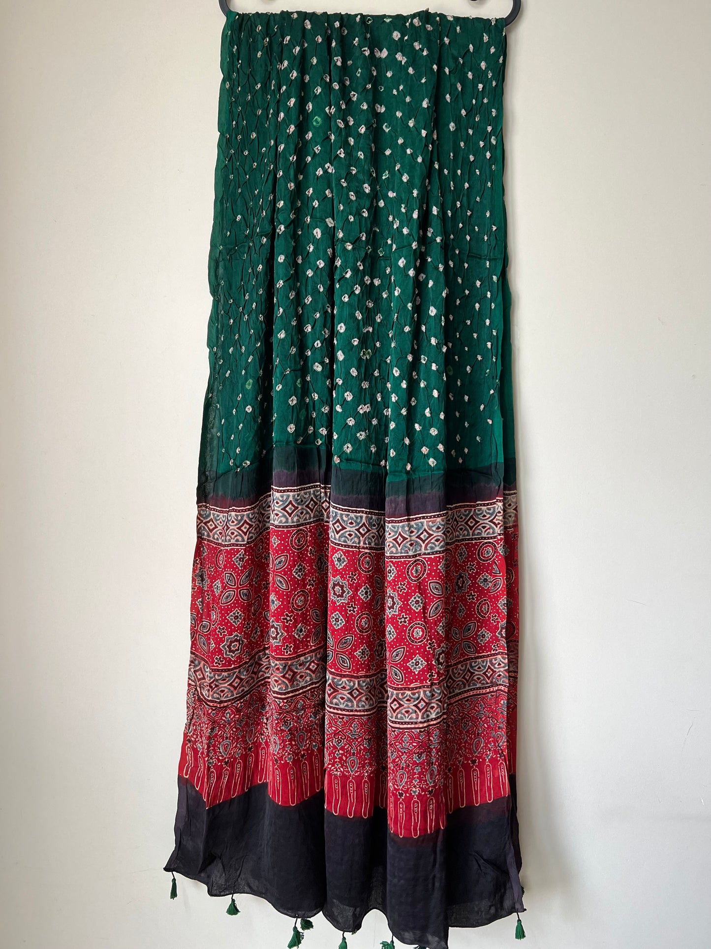 Green bandhani with red ajrakh silk dupatta