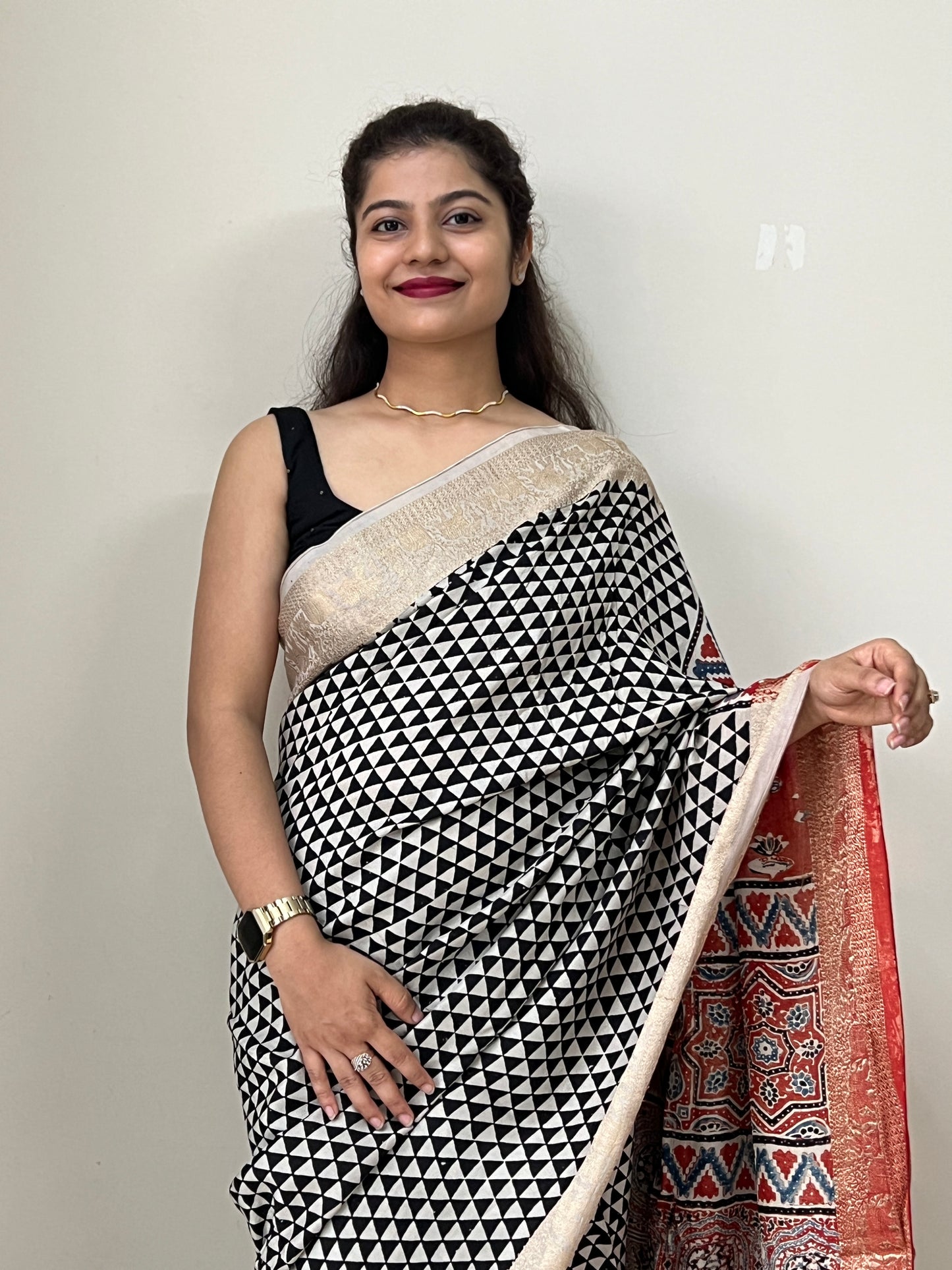 Ajrakh dola silk zari border saree