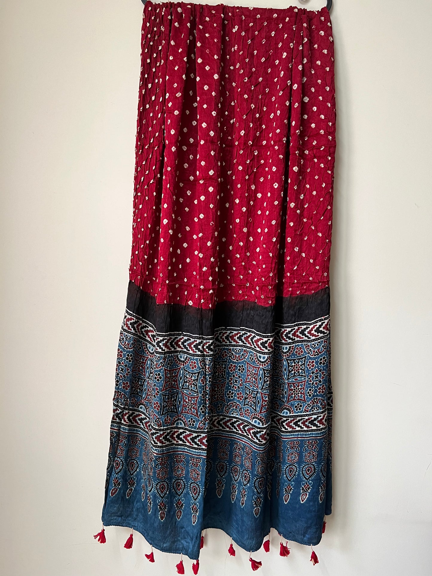 Red bandhani with blue ajrakh silk dupatta