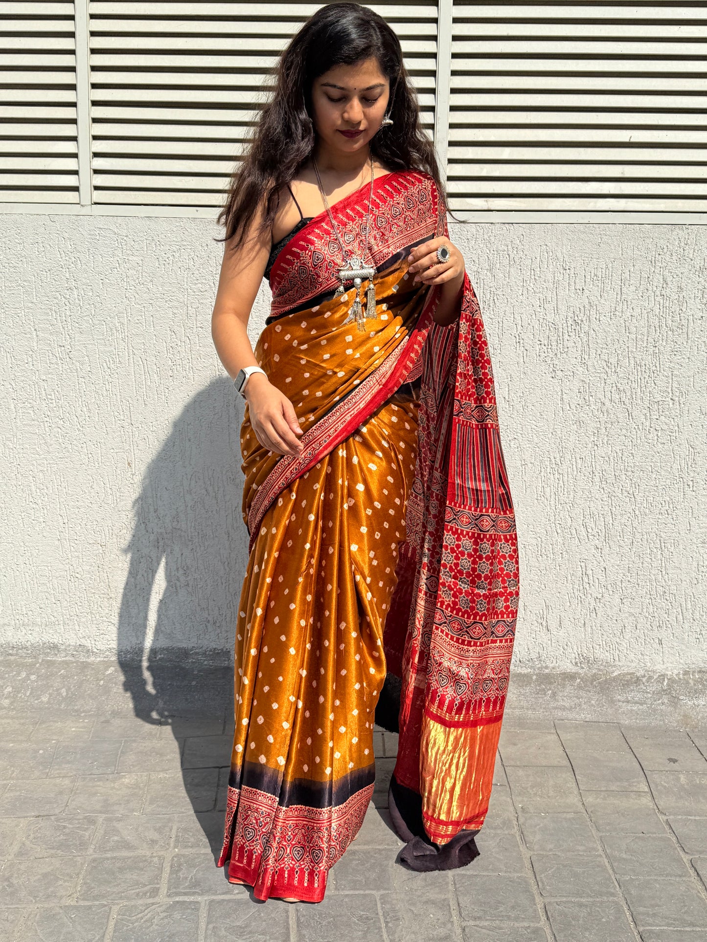 Bandhani with ajrakh modal silk saree