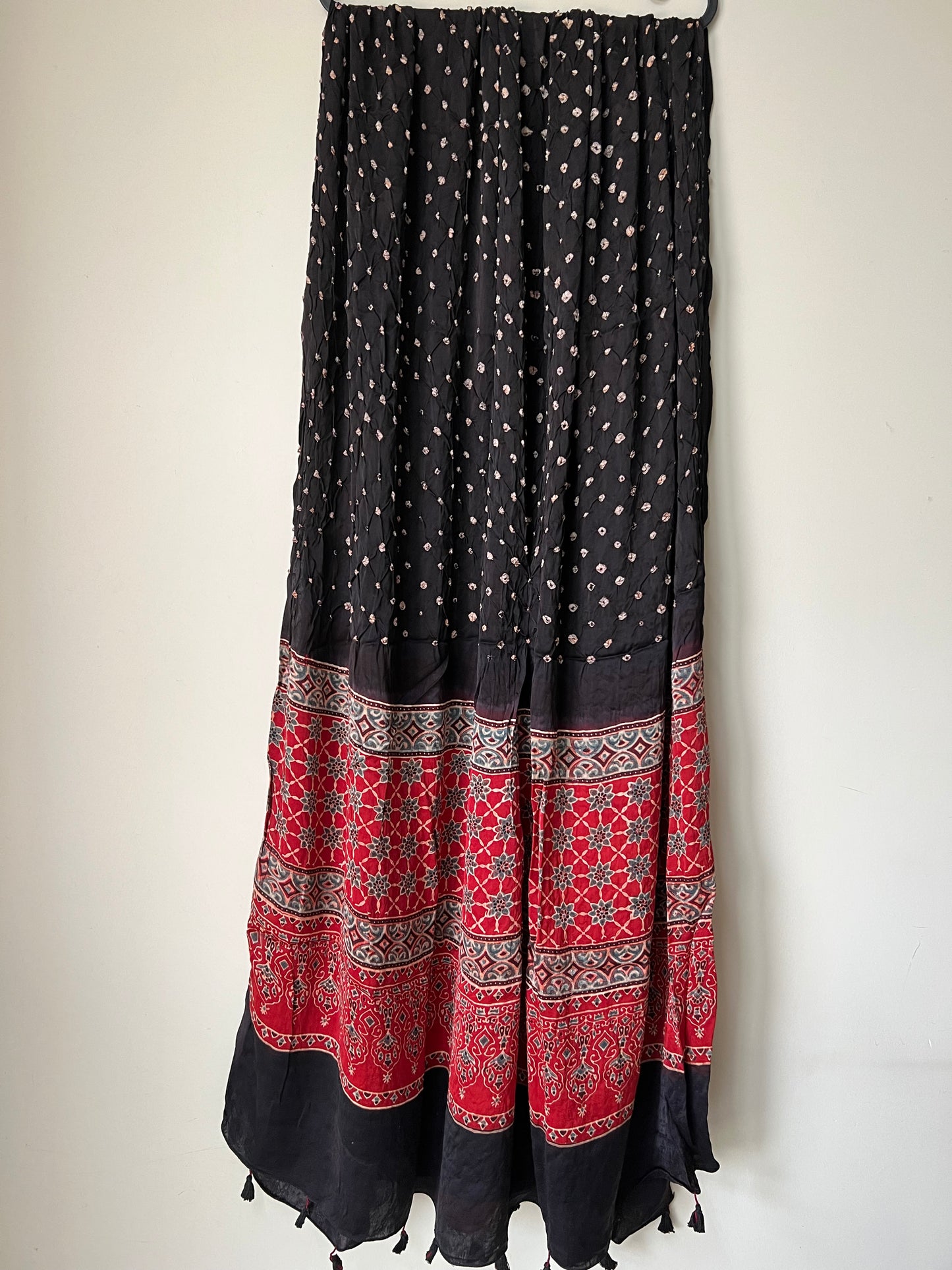 Black bandhani with red ajrakh silk dupatta