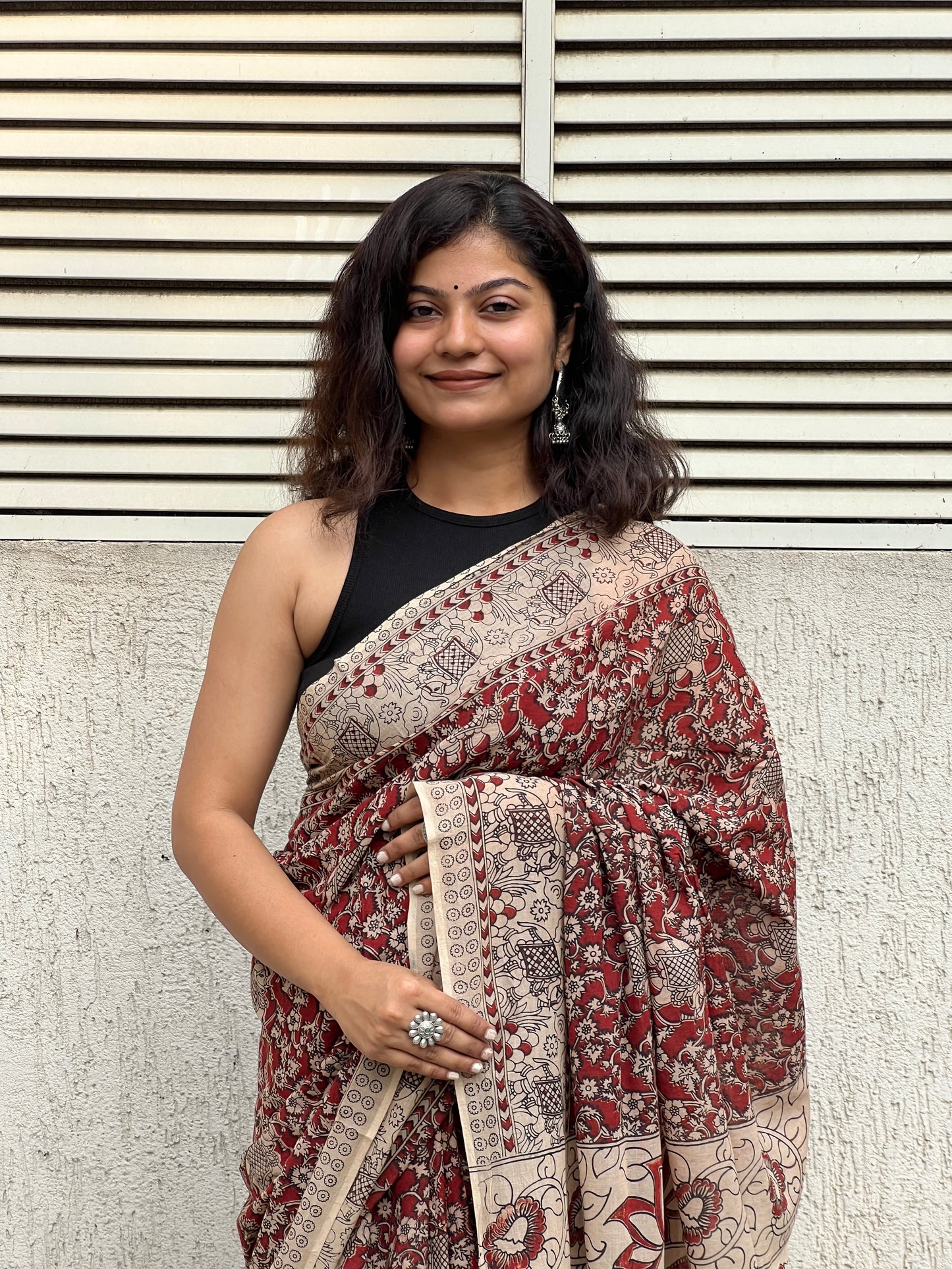Maroon kalamkari mul cotton saree