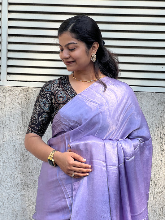 Lavender plain modal silk saree with tissue border