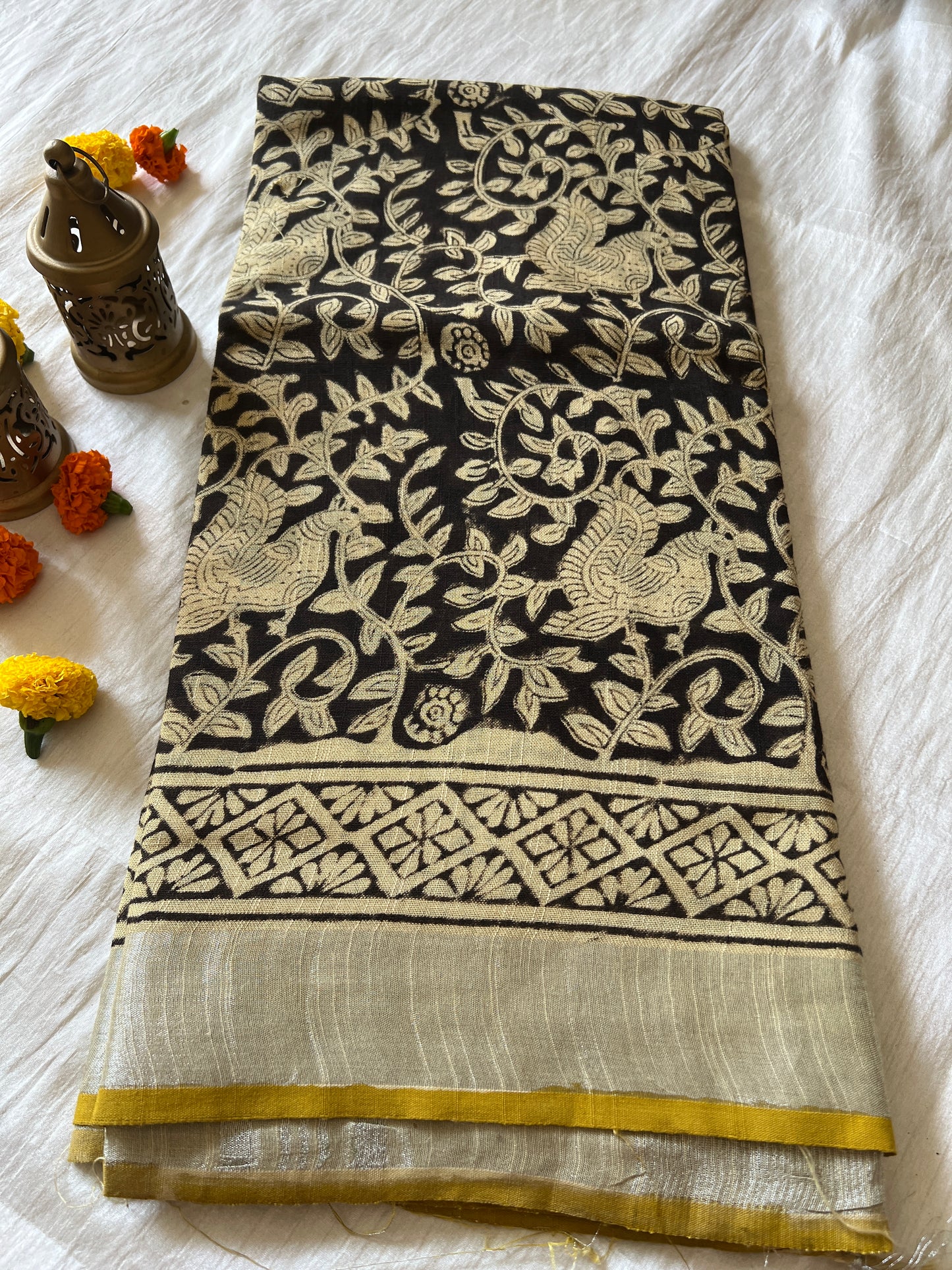 Handblock Linen Cotton Saree