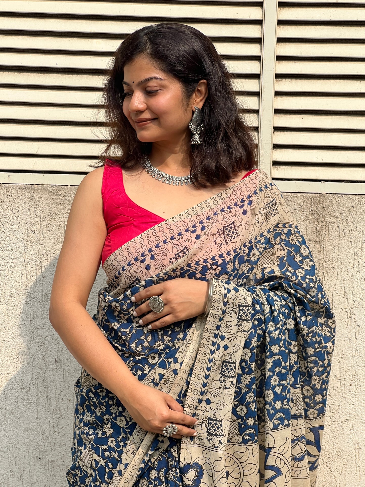 Blue kalamkari mul cotton saree