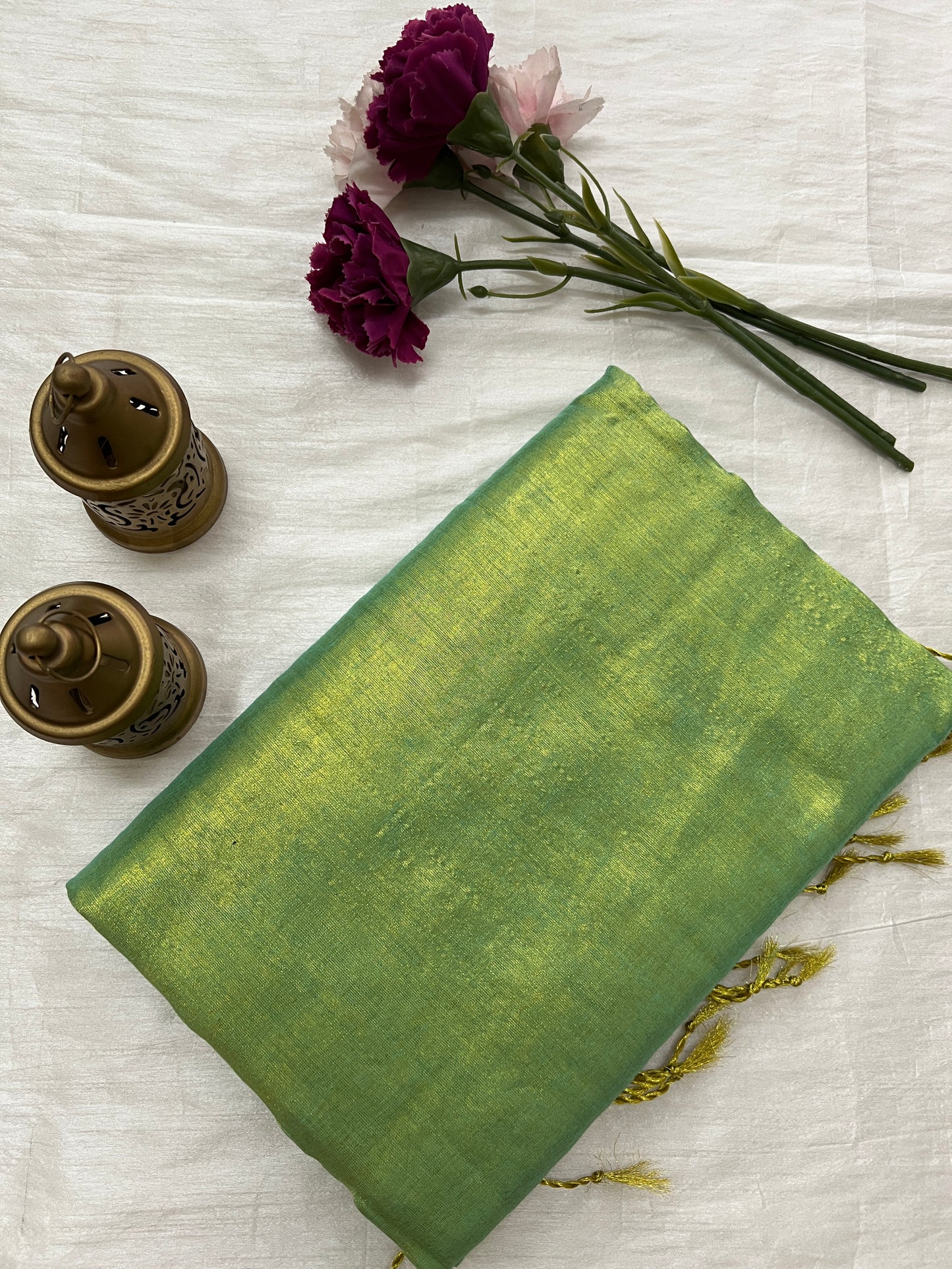 Parrot green tissue mul cotton saree