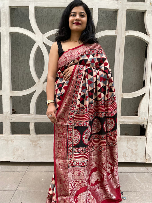 Maroon ajrakh dola silk zari border saree